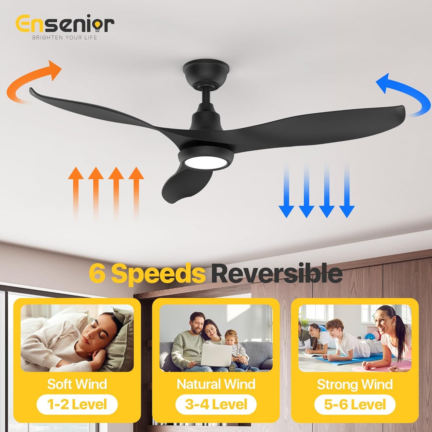 Ensenior 52 Inch Smart Ceiling Fans with Lights and Remote, Control via Alexa Google Voice App, 6 Speeds Reversible DC Motor 3000K-6000K, Dimmable LED, Black Bedroom Ceiling Fan with Lights - 3 Blades