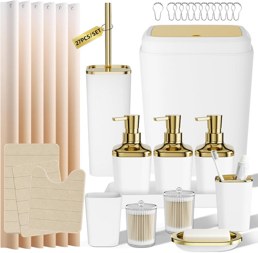 Bathroom Sets with Shower Curtain and Rugs, 27PC Bathroom Accessory Set, White Bathroom Set, White Bathroom Accessories Set with Trash Can, Toilet Brush and Soap Dispensers