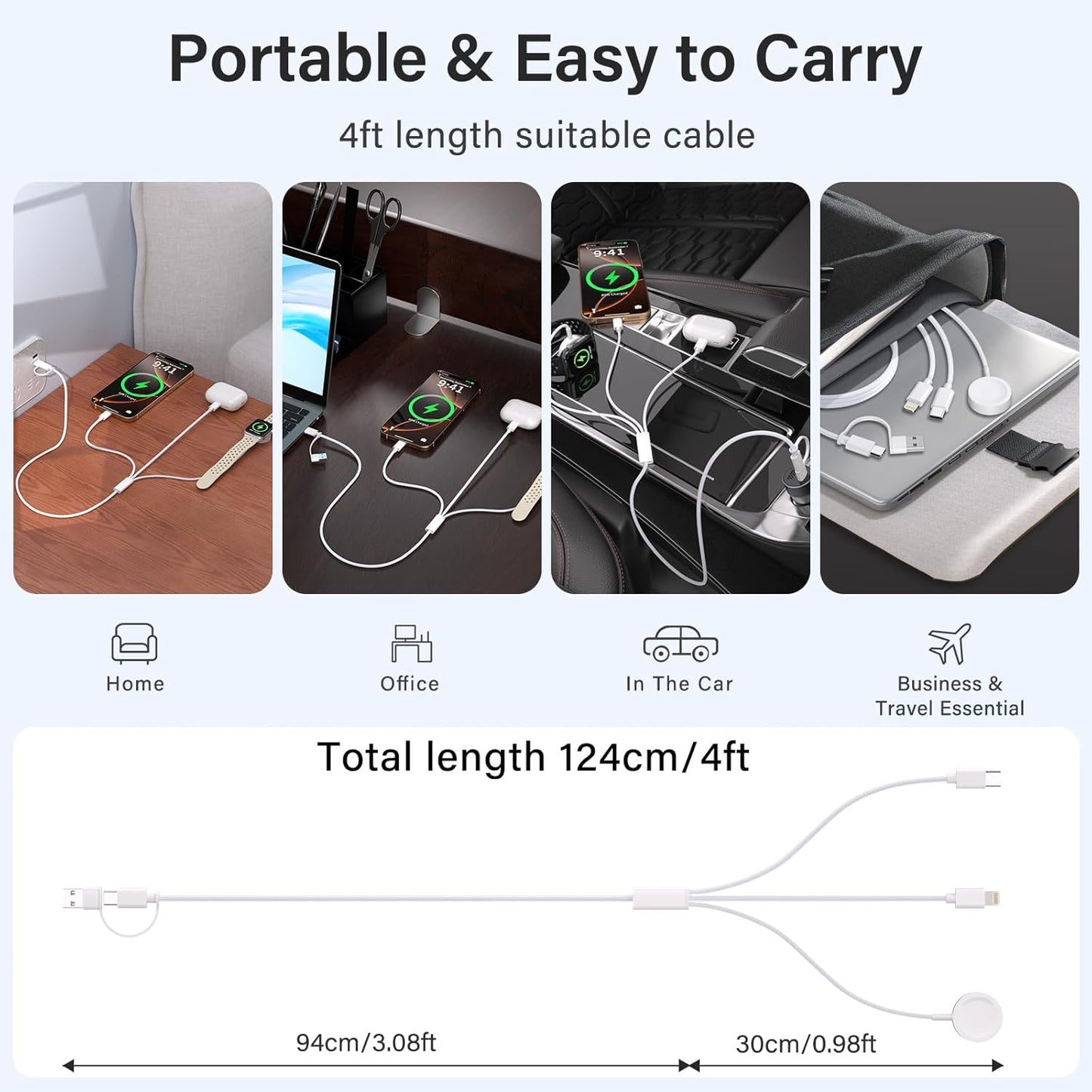 Travel Essentials,3 in 2 USB C Cable for Apple Watch Charger ，Multi Charging Cable Cord,Vacation Camping RV Essentials,Portable Designed for iWatch Series 11-2/Ultra/SE &iPhone 17-12-4FT(2Pack 4FT)