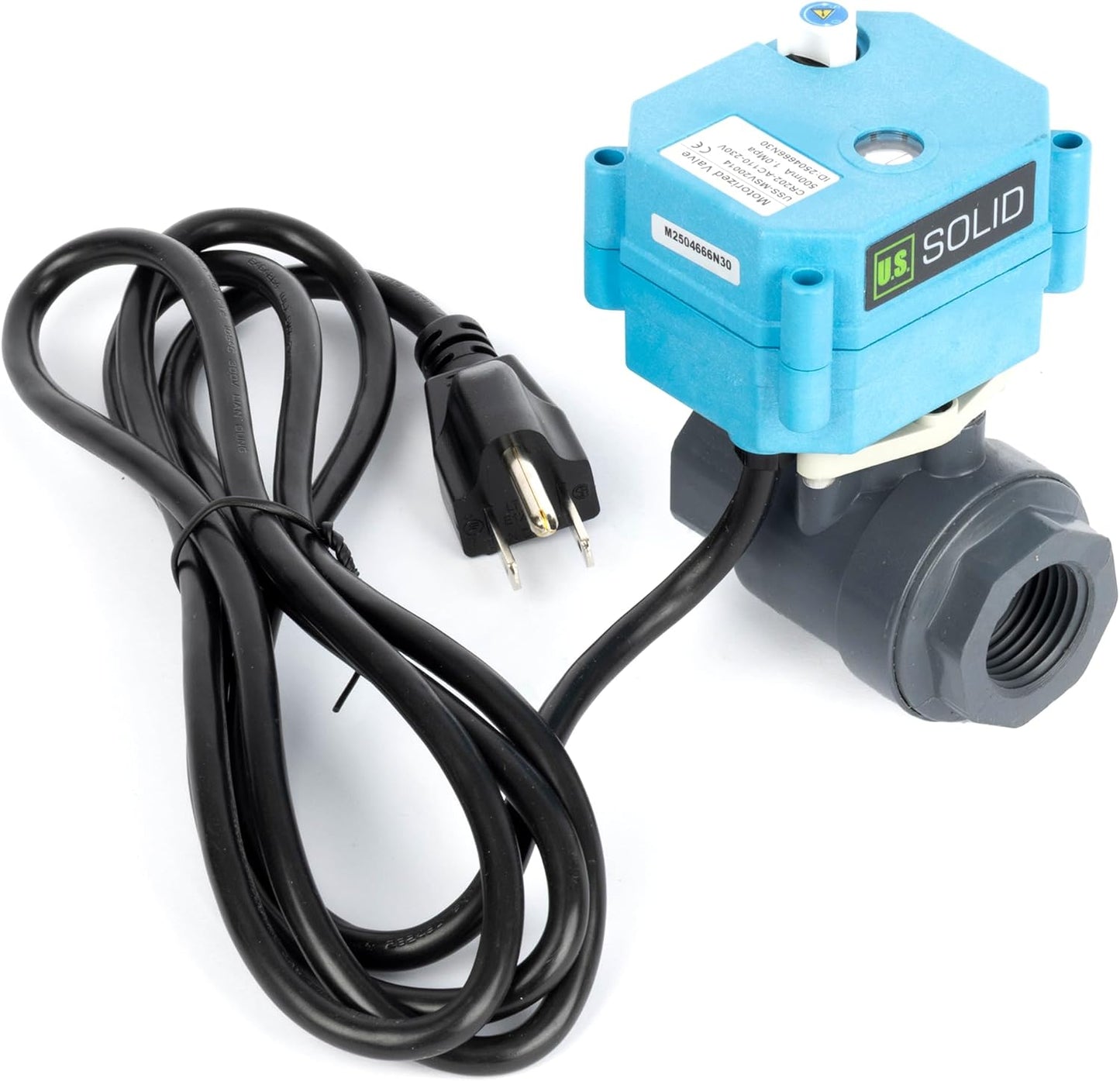 U.S. Solid 3/4” PVC Motorized Ball Valve - Plastic Electrical, US Plug, IP 67, Manual Override, 2 Wire Auto Return, AC 110~230V, Normally Closed
