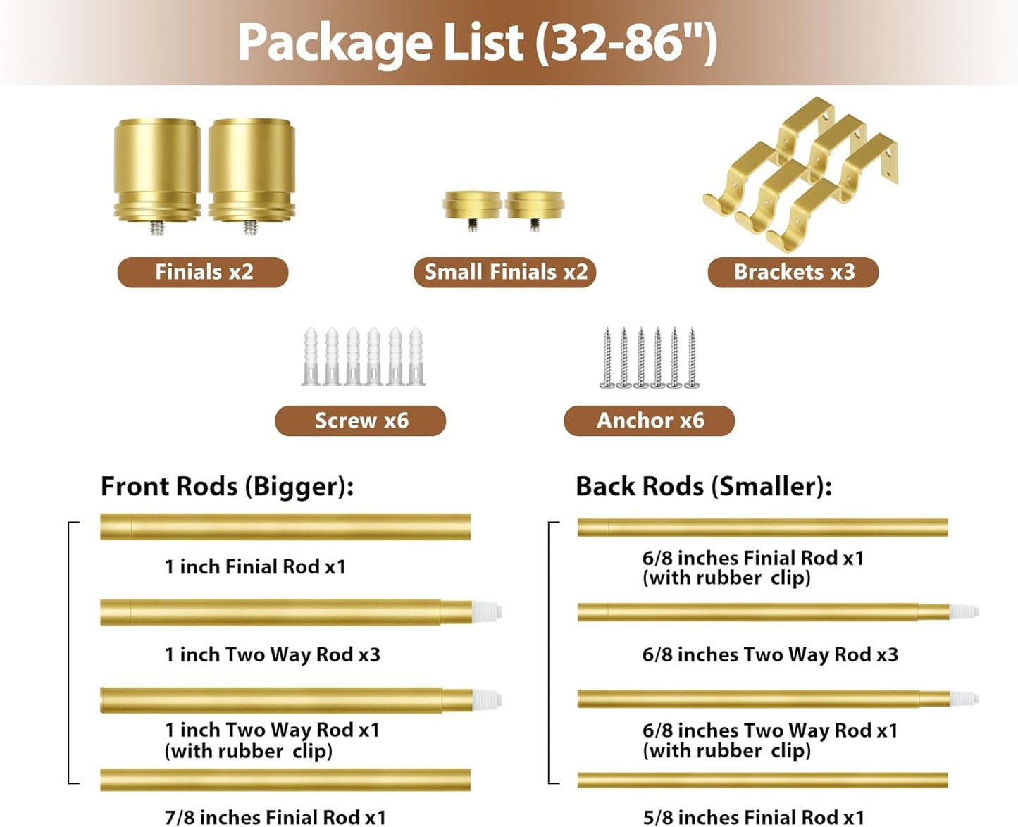 Double Curtain Rod 32 to 86 Inch, HOTOZON 1 Inch Heavy Duty Double Curtain Rods for Windows 20 to 82 Inches(1.7-6.8 ft), Telescoping Drapery Rod with Simple End Finials, Gold