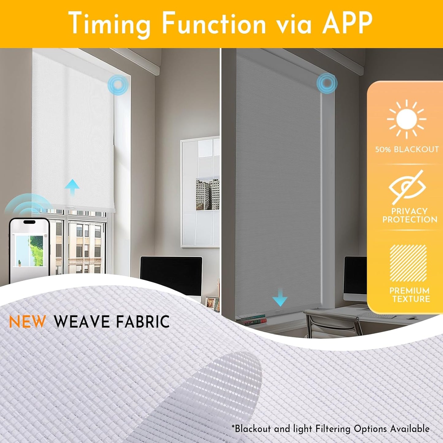 Persilux Smart Motorized Blinds with Remote, No Drill Automatic Roller Shades for Indoor Windows, Light Filtering Linen Fabric, Electric Blinds for Windows, Weave Swan C162-1, Custom Size