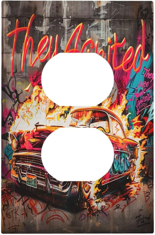 Outlet Covers Hip Hop Street Graffiti Flame Car 1 Gang Duplex Wall Plate Decorative Switch Plates Electrical Receptacle Faceplate Light Switch Cover for Bedroom living Room Decor
