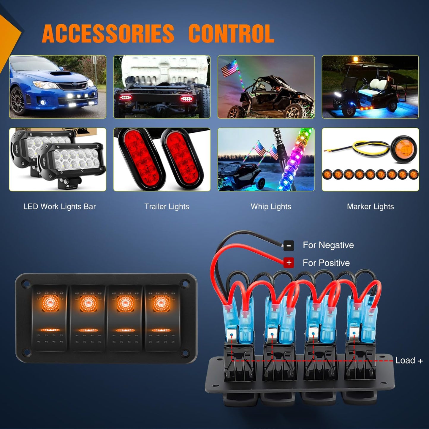 Nilight 4 Gang Rocker Switch Panel with Orange LED Light 5 Pin On Off Pre-Wired Aluminum Toggle Switches Waterproof for 12V/24V Cars Marine Boats ATVs Trailers RV Trucks