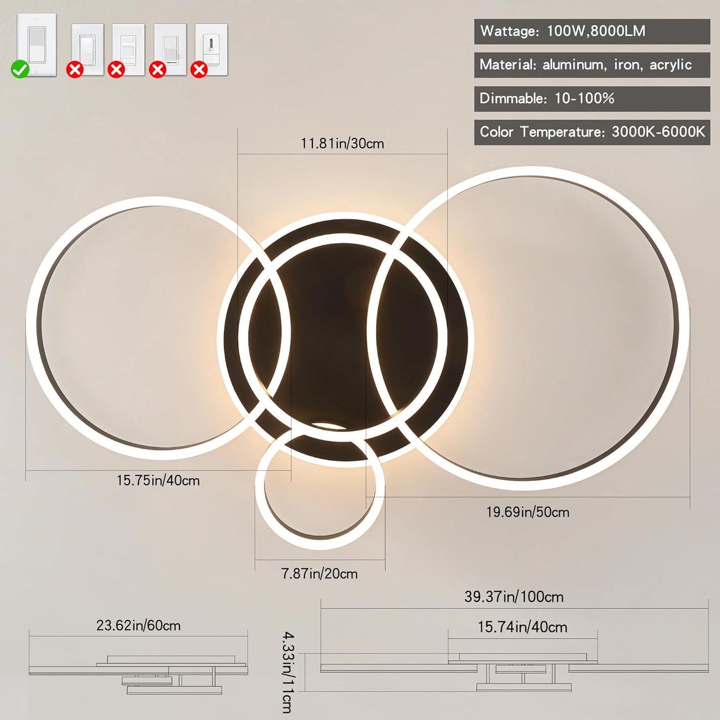 O'NEELDY Flush Mount Modern Ceiling Light Black Led Modern Light Fixtures Ceiling Mount Lights 4 Rings Led Chandelier Lamp Fixture with Remote for Living Room Kitchen Dining Room Bedroom