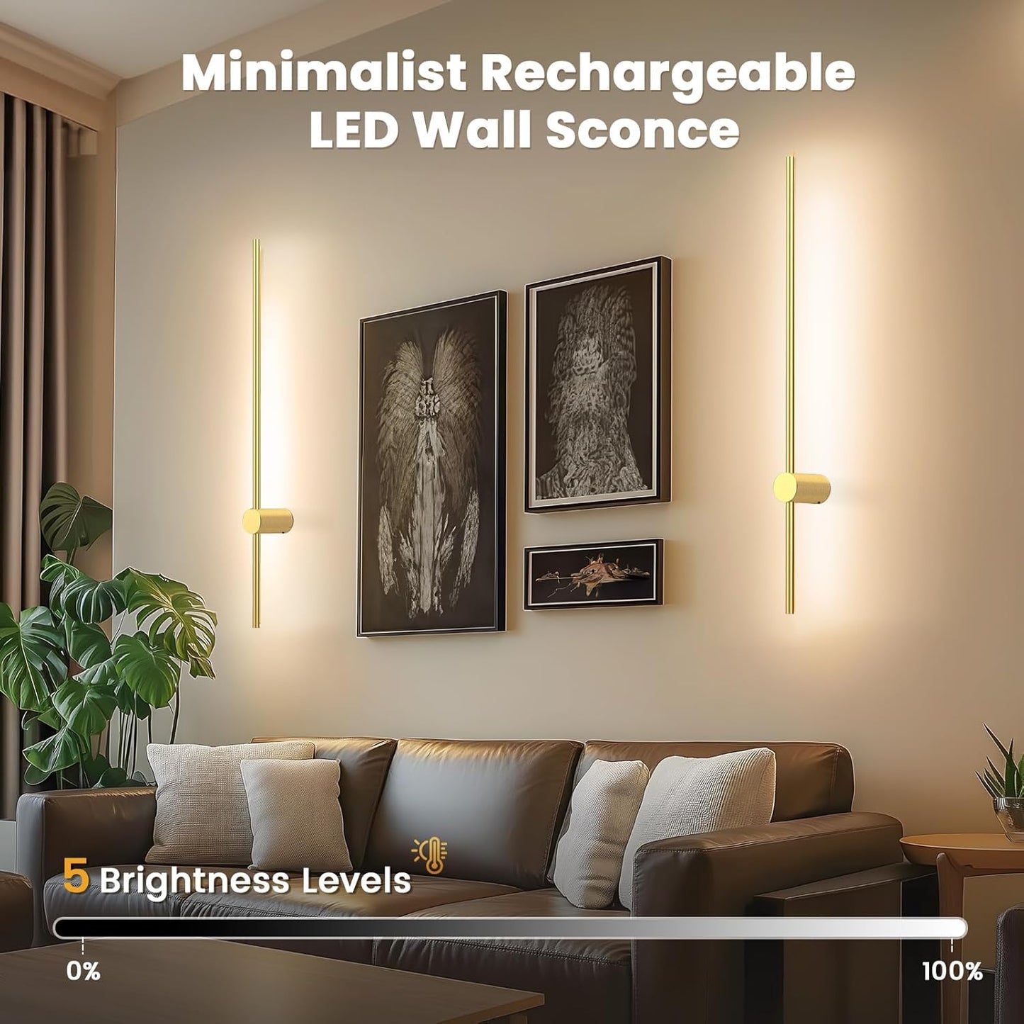 NIORSUN 35.4 Inch Battery Operated Wall Sconce Set of 2,Gold Minimalist Rechargeable LED Wall Lights with Remote, 10 Colors Dimmable Wireless Wall Sconce for Living Room Bedroom Hallway