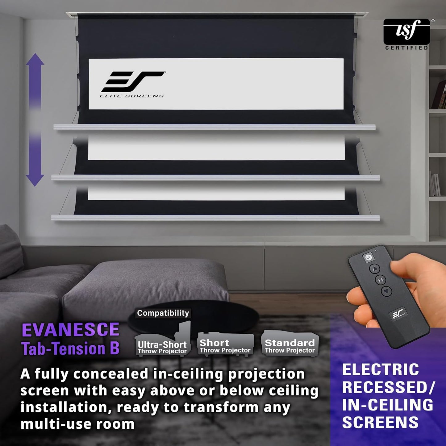 Elite Screens Evanesce Tab-Tension B, 100-inch 16:9, 4K / 8K HD, Recessed in-Ceiling Electric Tab Tensioned Projector Screen, Matte White Projection Screen Surface Programmed Remote Kit, ETB100HW3-E12