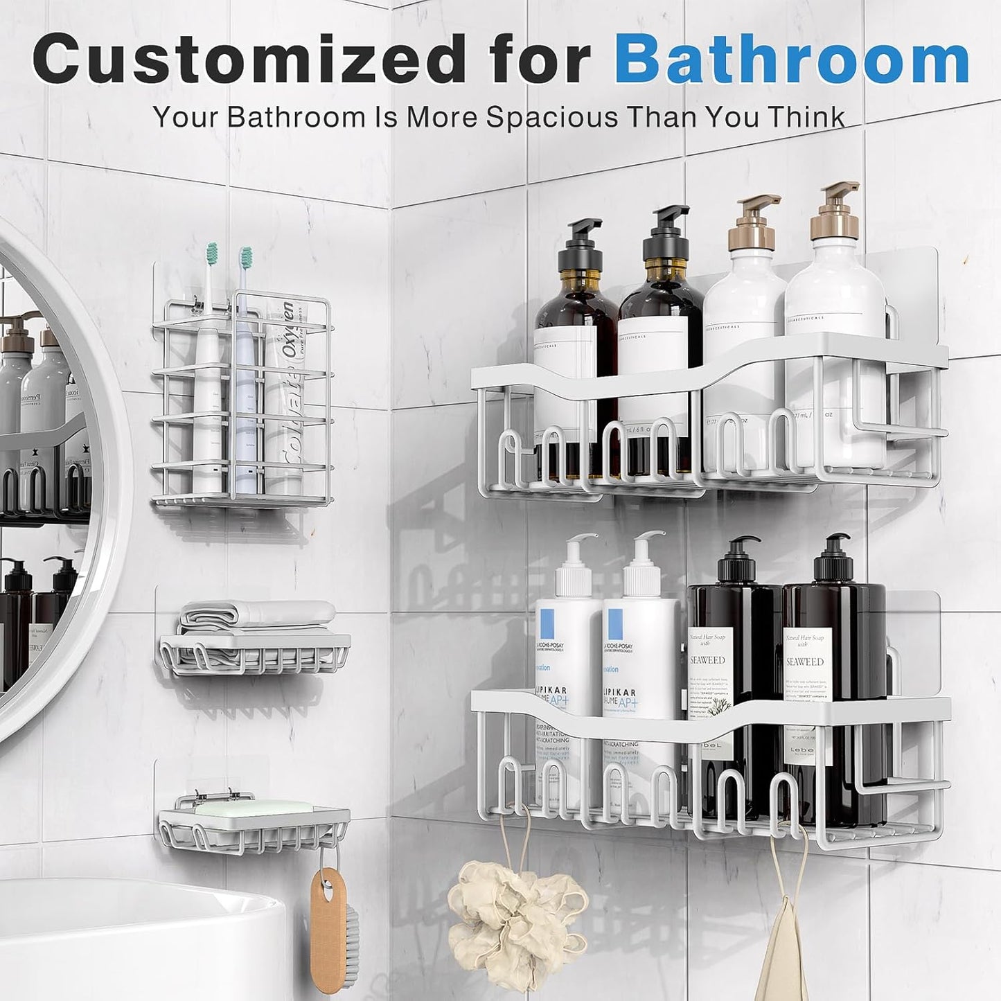 EUDELE 5-Pack Rustproof Stainless Steel Shower Caddy Set– No Drill Adhesive Bathroom Organizer, Space-Saving Shower Shelves for Apartment Essentials, Bathroom/Kitchen Storage Home Decor-L Size