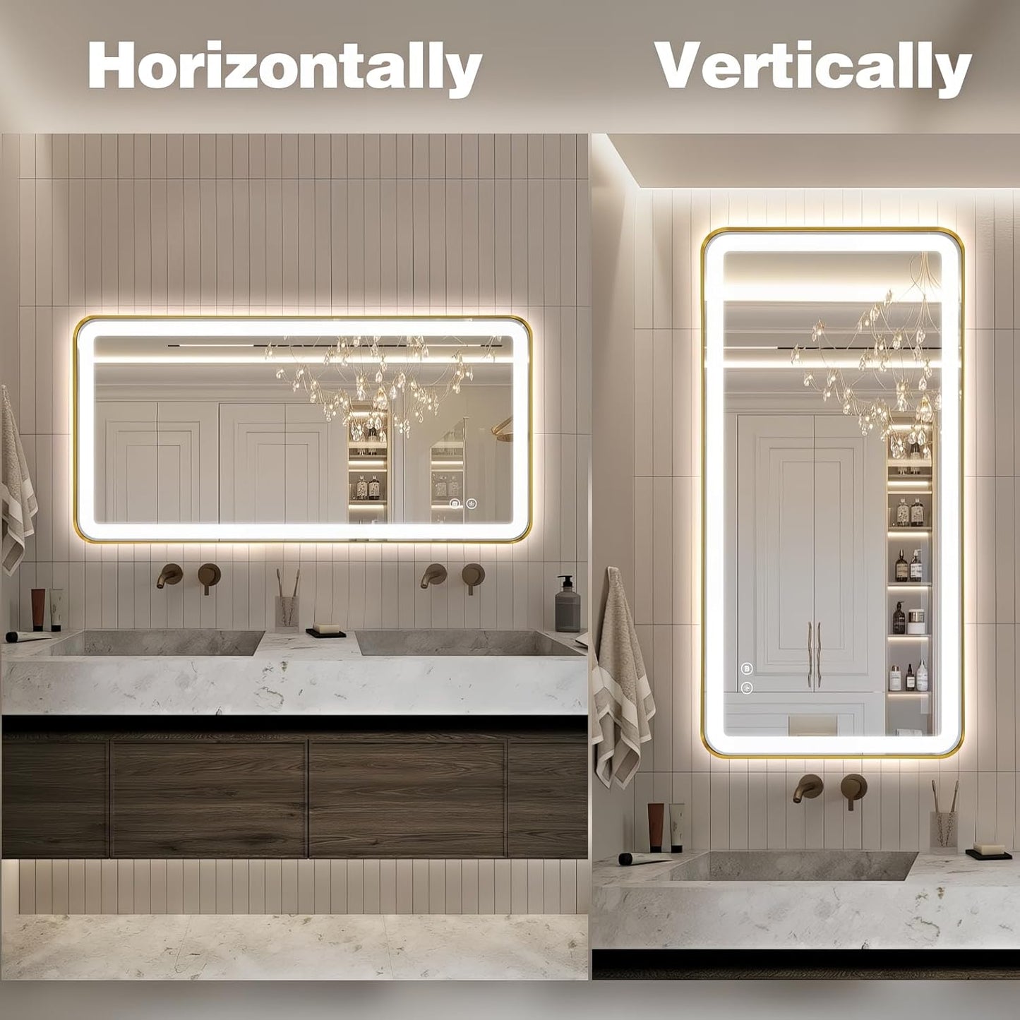 48"x24" Lighted Vanity Mirror with Lights, Gold Metal Frame Led Mirror for Bathroom, Anti-Fog Wall Mirror with Front and Backlit, Shatterproof, 3 Colors Stepless Dimmable, Horizontal/Vertical