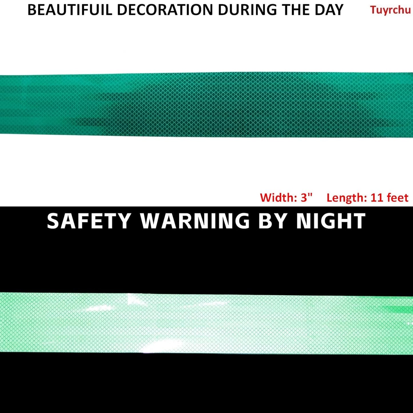 Non Fading Green Reflective Tape Outdoor Waterproof 3 inch, High Visibility Warning Industrial Marking Tape, Safety Stickers (11 feet)