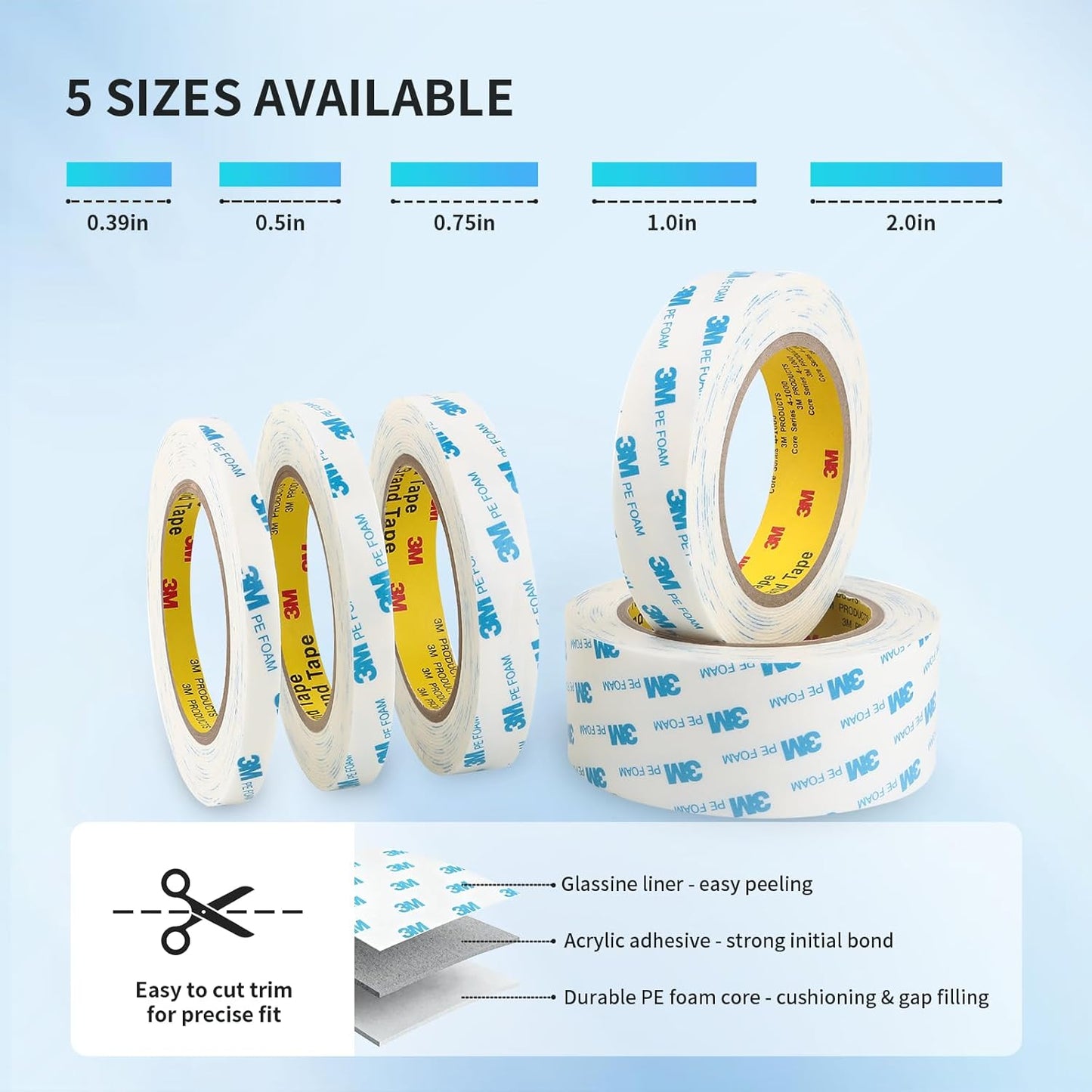 3M 1600T Double Sided Tape, PE Foam Tape 0.5" x 18 Ft White Removable Strong Adhesive No Residue for RV Picture Hanging, Posters Frames Wall Decor Indoor & Outdoor Use