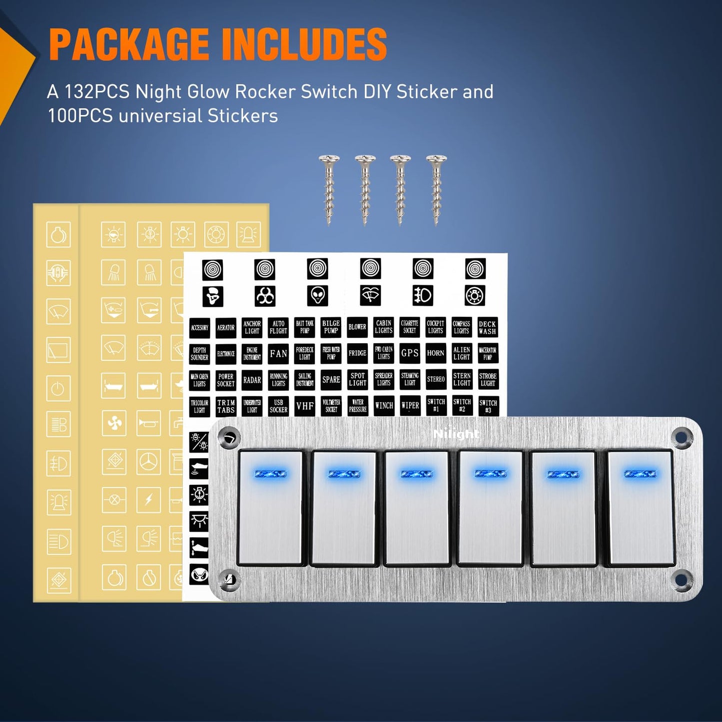 Nilight 6 Gang Rocker Switch Panel 3 Pin On Off Pre-Wired Blue LED Waterproof Aluminum with DIY Stickers for 12V 24V Automotive Cars Marine Boats UTV Truck Jeeps