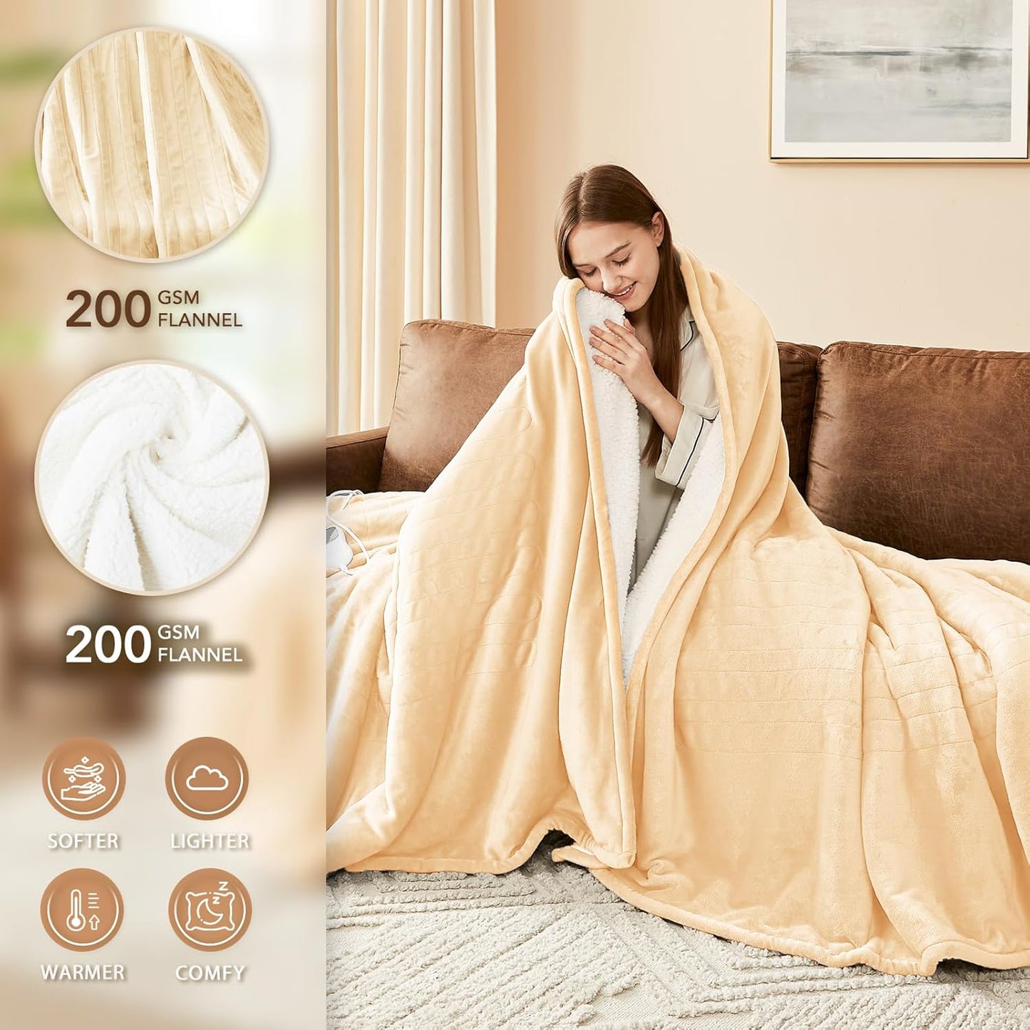 Homemate Electric Heated Blanket Twin - 62"x84" Heating Bed Blankets Throw with 10 Heating Levels 8 Hours Auto Off Fast Heating Over-Heated Protection Ultra Soft Warm Flannel ETL Certified Beige