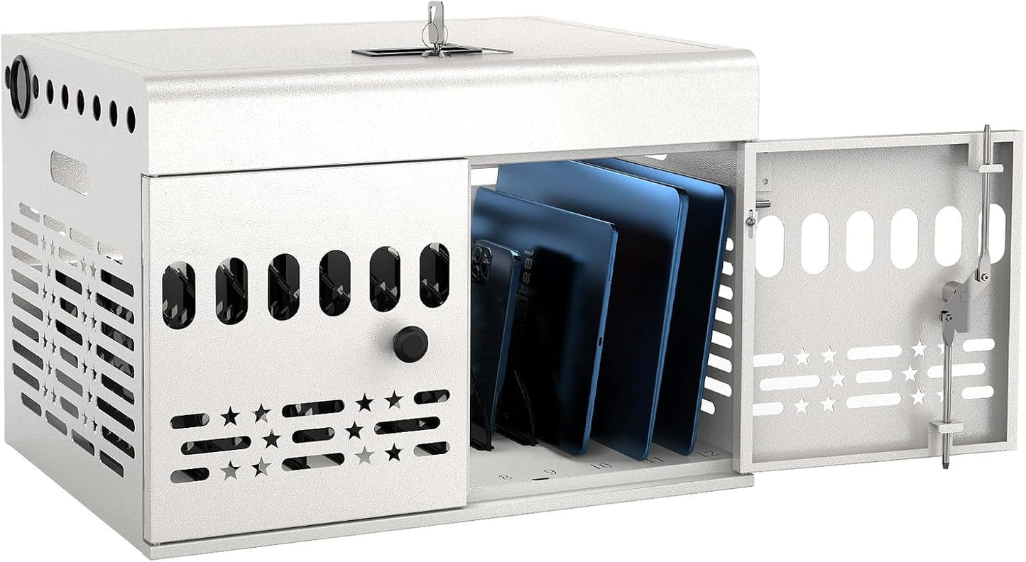 12-Device Charging Cabinet -Lockable Charging Station for iPad, Chromebook,Laptop&Tablet- American Style Charging Cabinet with Cord Management Ideal for Classrooms & Offices (Grayish White)