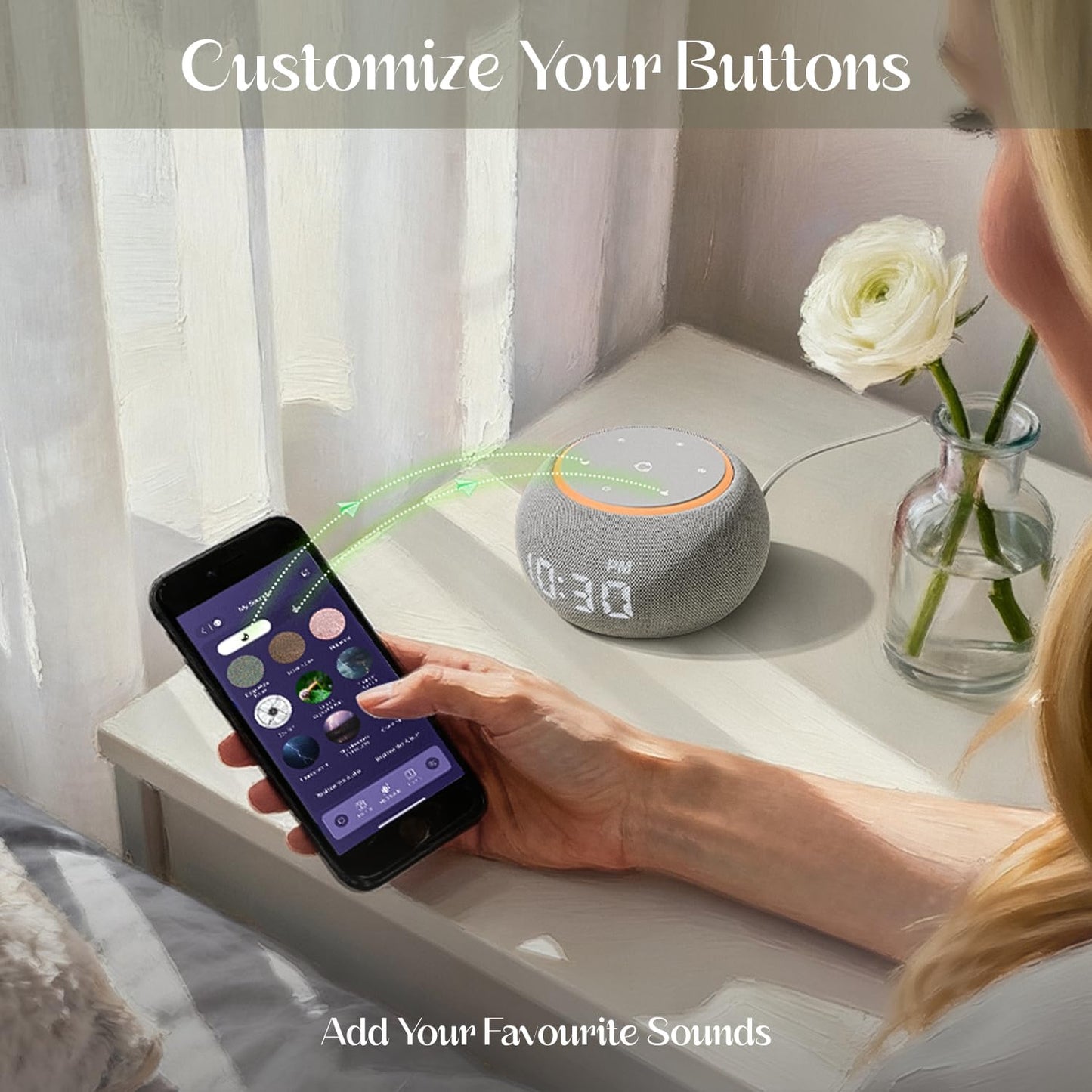 White Noise Sound Machine for Sleep, Dual-Stage Alarm&Snooze, Smart App Control, Custom Buttons, 500+ Non Looping Soothing Sounds, Dimmable Clock, Timer, Night Light, Lullaby, for Baby Adults Kids