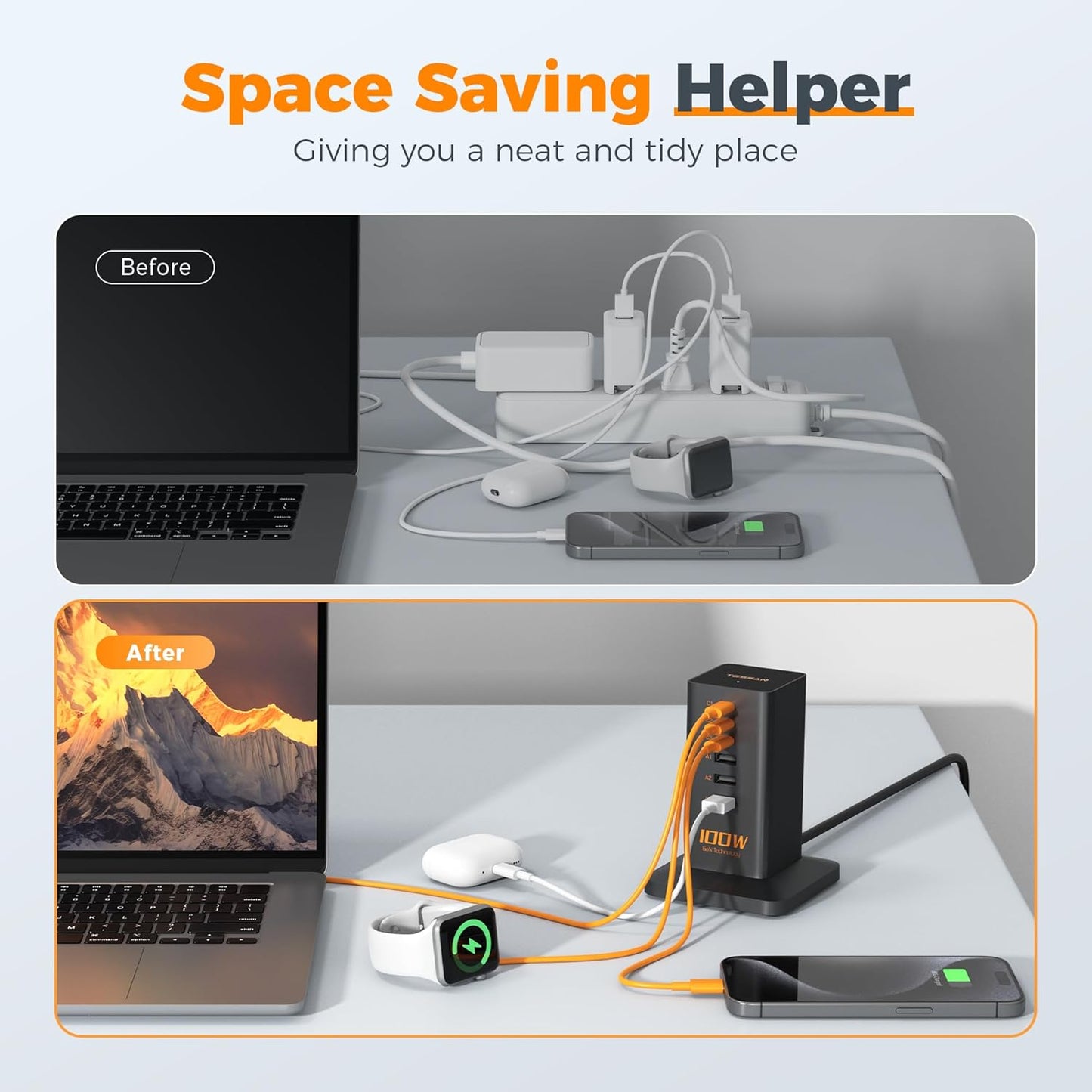USB C Charger Blcok PD 100W, TESSAN 6-in-1 Charging Station for Multiple Devices, Desktop Tower Charger with 6 USB Ports for iPhone 17/16/15, MacBook, Tablet, Office Home Dorm Room Accessories