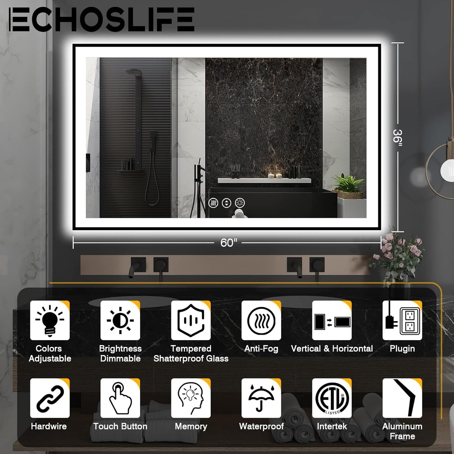 60x36 LED Mirror for Bathroom - Black Aluminum Framed (Front and Backlit),Anti-Fog Stepless 3 Colors Dimmable Lighted Smart Bathroom Mirror with Lights(Horizontal/Vertical)