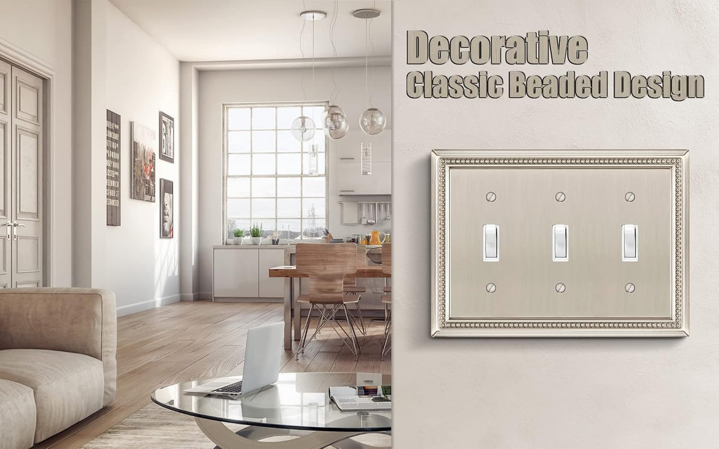 Henne Bery Sunken Pearls Heavy Duty Decorative Wall Plate Switch Plate Outlet Cover (Triple Toggle, Satin Nickel)