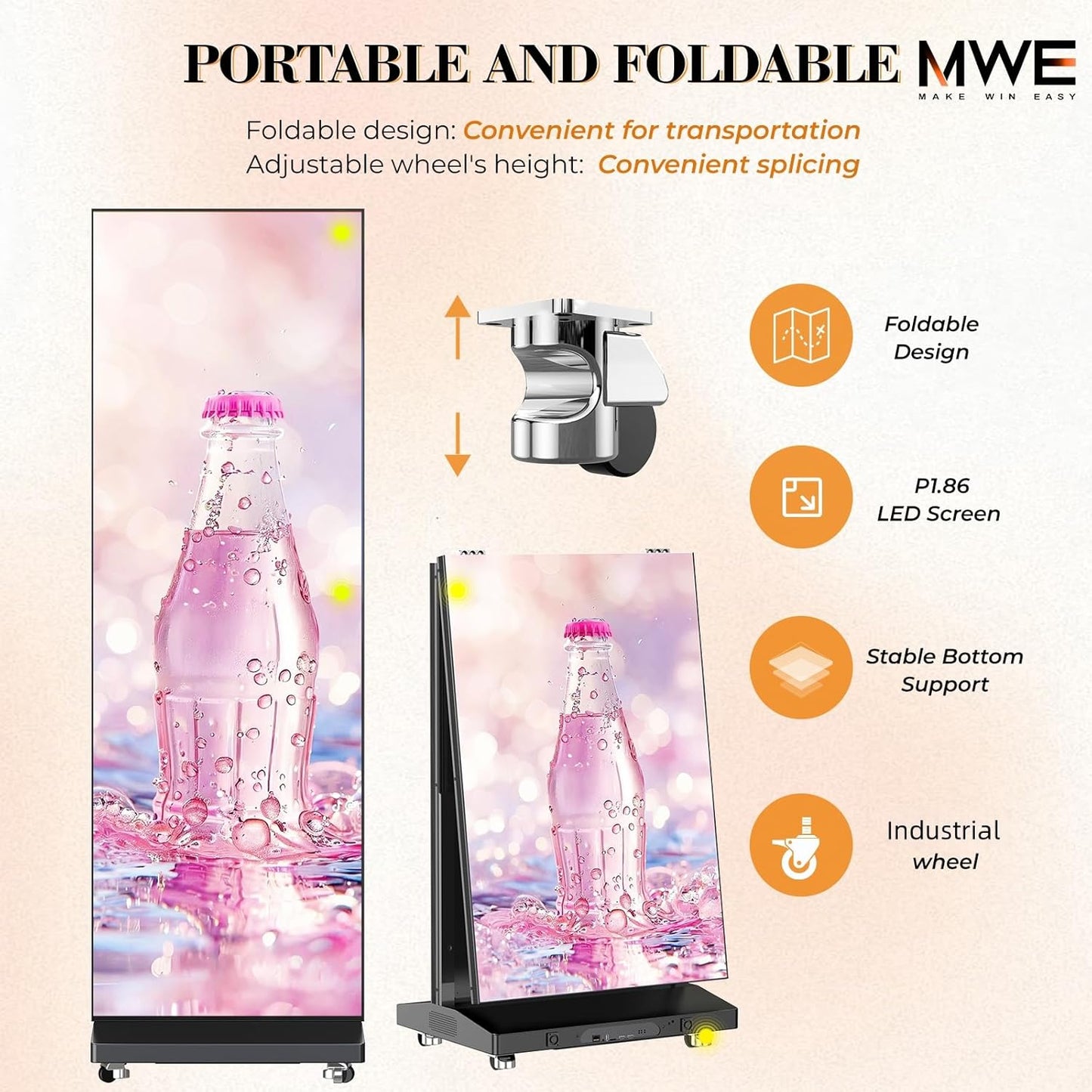 MWE LED Digital Signage Display with Flight Case, P1.86 Spliceable LED Poster Screen with Publishing System, Foldable Advertising Display Kiosk for Events and Rentals, WiFi/USB/HDMI (1 Panel), Black