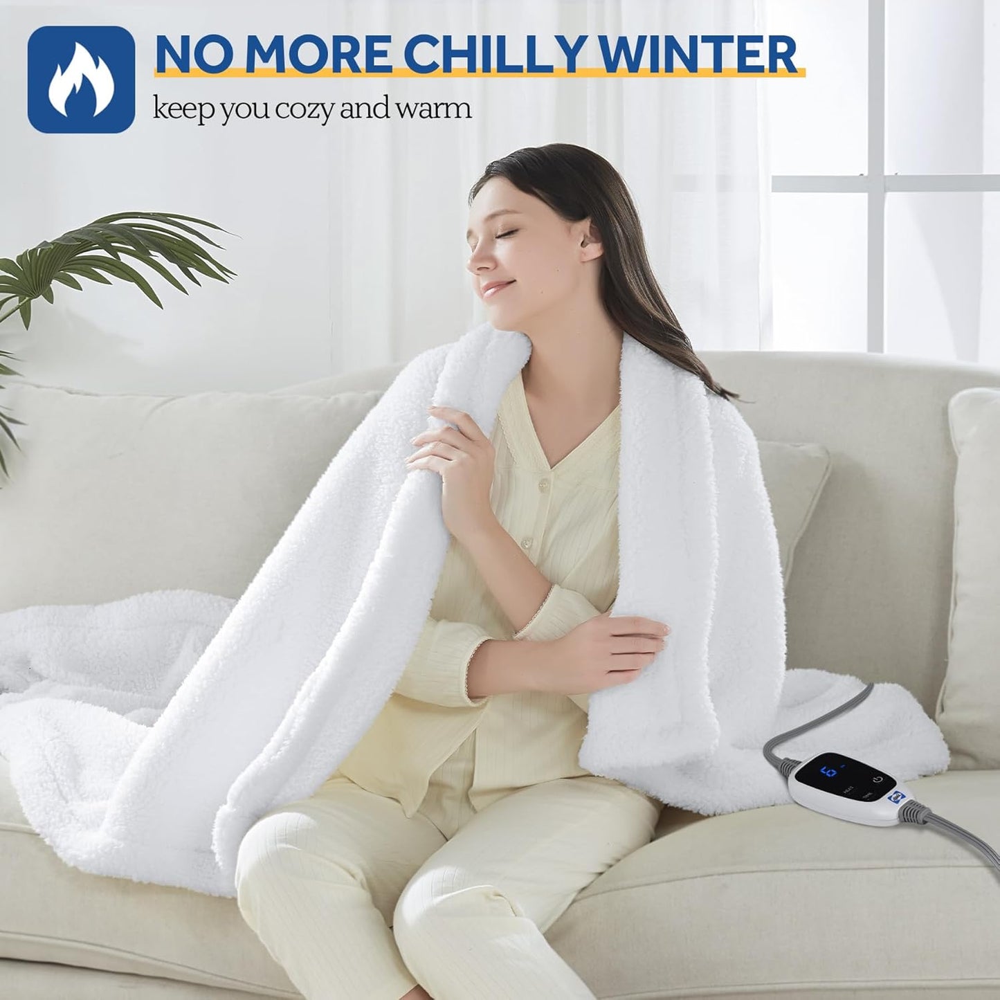 Sealy Electric Blanket Heated Throw 50"x60" Soft Double Sherpa Super Cozy with 6 Fast Heating Levels & 2-10 Hours Auto-Off, Over-Heat Protection, Machine Washable, Ivory