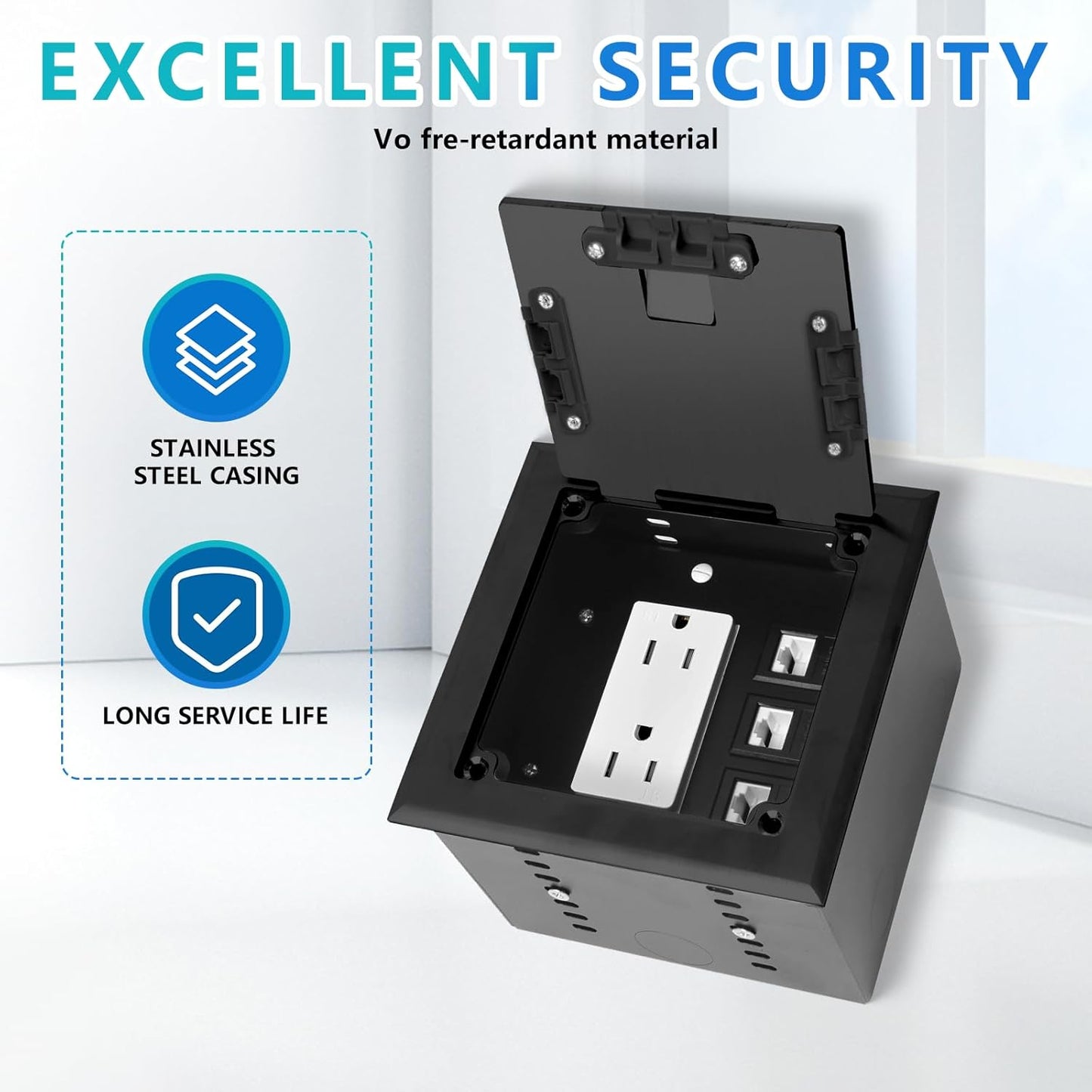 KYHSHJ Recessed Flat Hidden Socket Kit with 15 Amp Stainless Steel TR Receptacle Outlet Stainless+3-Port RJ45 Datacom Receptacle.Internal Height Adjustable，Corrosive Resistant Hardware，Black
