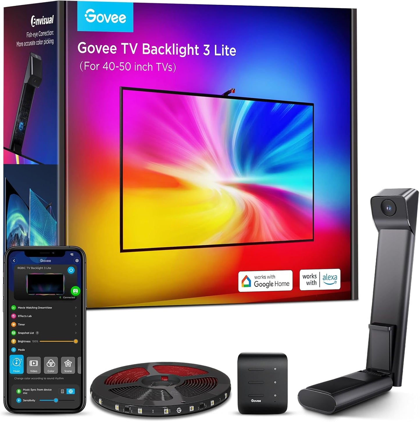 Govee TV Backlight 3 Lite with Fish-Eye Correction Function Sync to 40-50 Inch TVs, 7.8ft RGBICW Wi-Fi LED Strip Lights with Camera, 4 Colors in 1 Lamp Bead, Voice and APP Control, Adapter