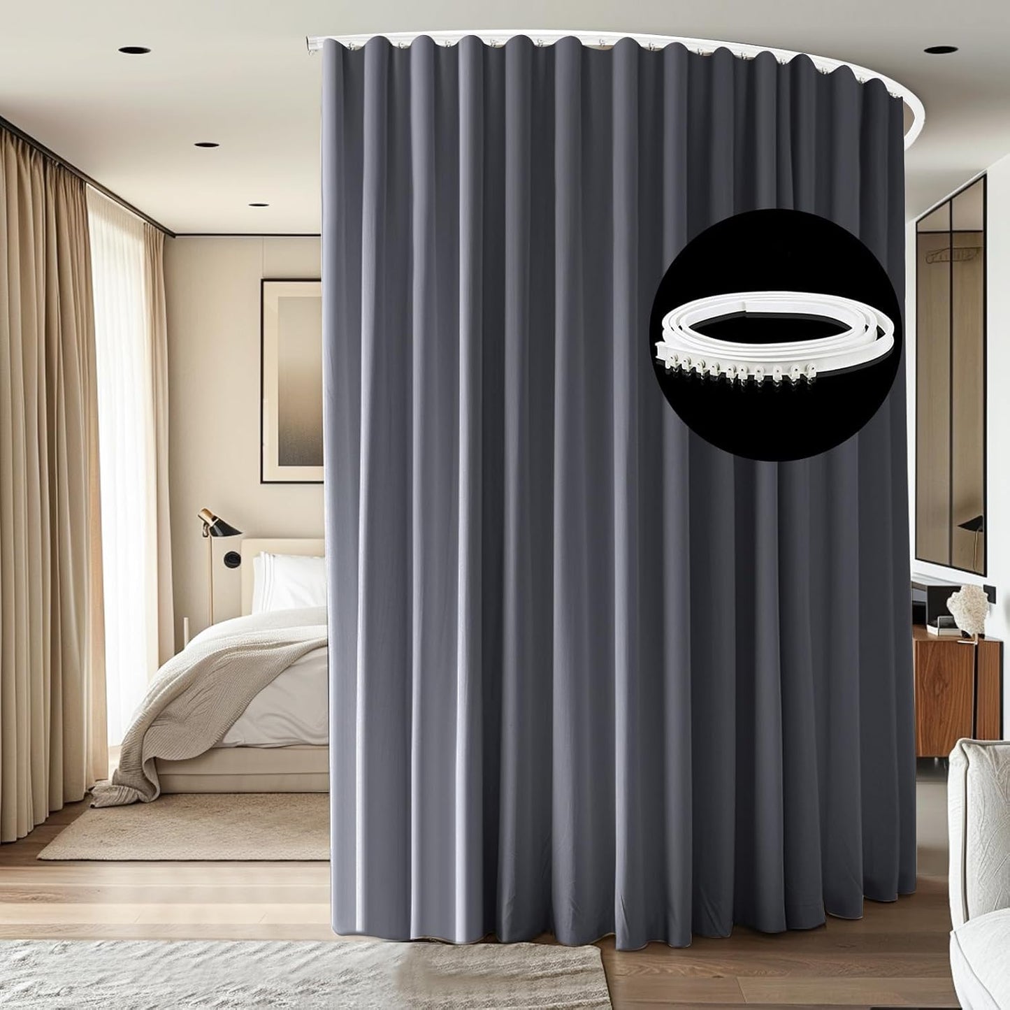 Room Divider Ceiling Mounted Curtains Track Sets Extra Wide Blackout Curtain Flexible Tracks for Bedroom Privacy Partition Separator, 1 Panel Grey Drape and White Rail, W12.5 x H10ft