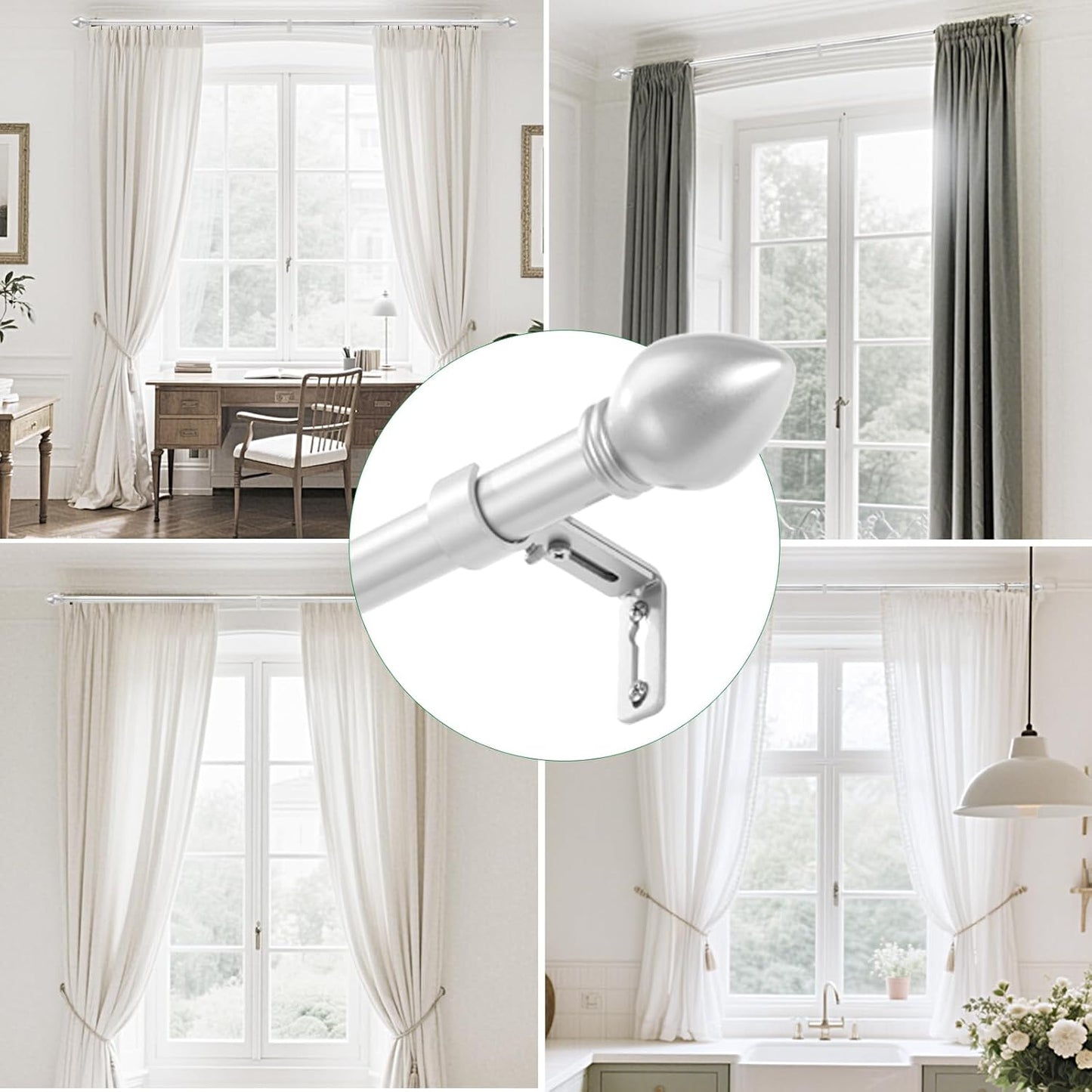 Curtain Rods for Windows 16 to 136 inches, Curtain Rod Max Adjustable Length to 146 in, Drapery Rod 1 inch Diameter with Modern Knobs Finials (Satin Silver, 16" to 136" - Set of 1)