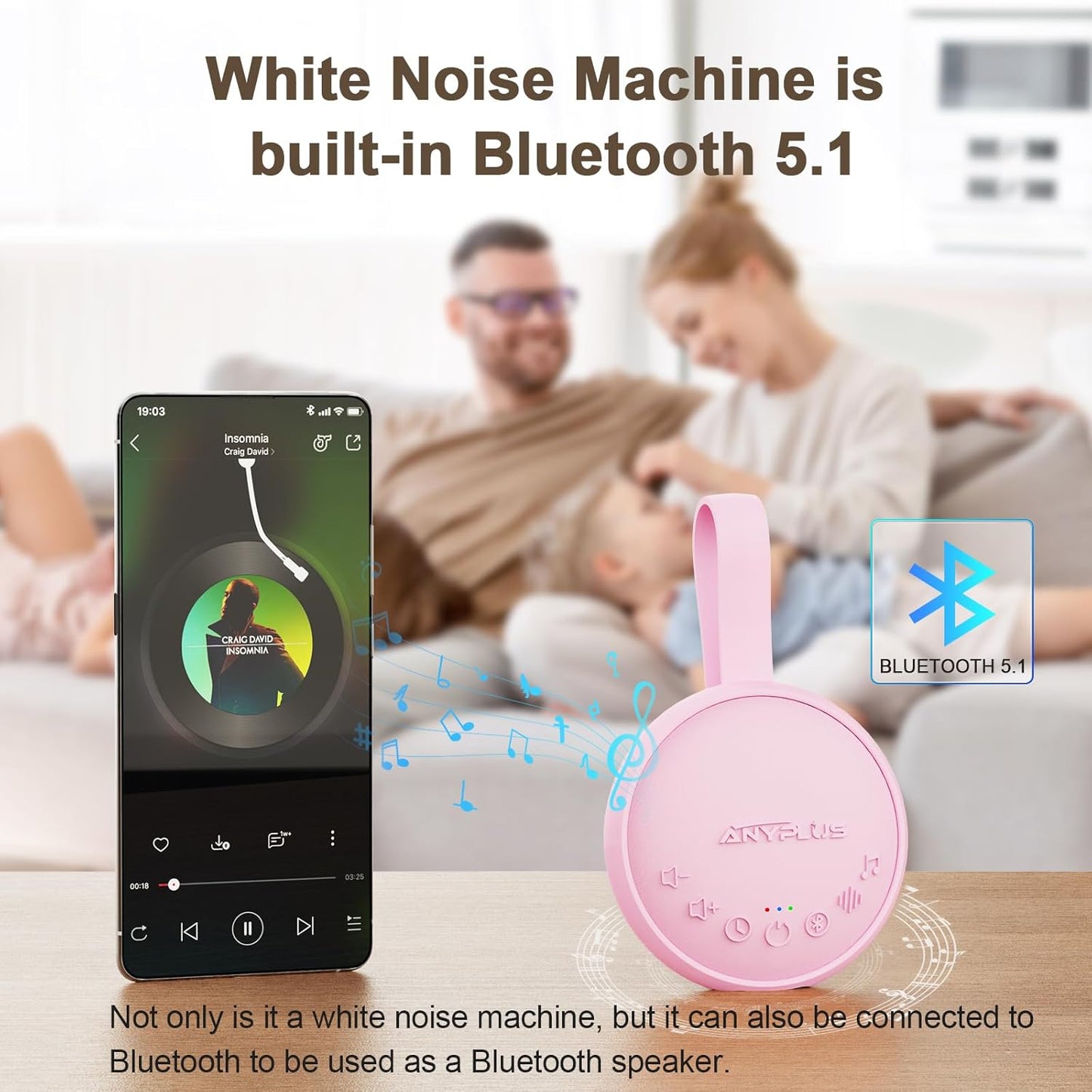 White Noise Sound Machine for Sleeping Adults & Baby, Portable Noise Machine with 24 Soothing Sounds, Bluetooth 5.1, Battery Powered, 3 Timer Settings, Memory Function for Home, Office, Travel (Pink)