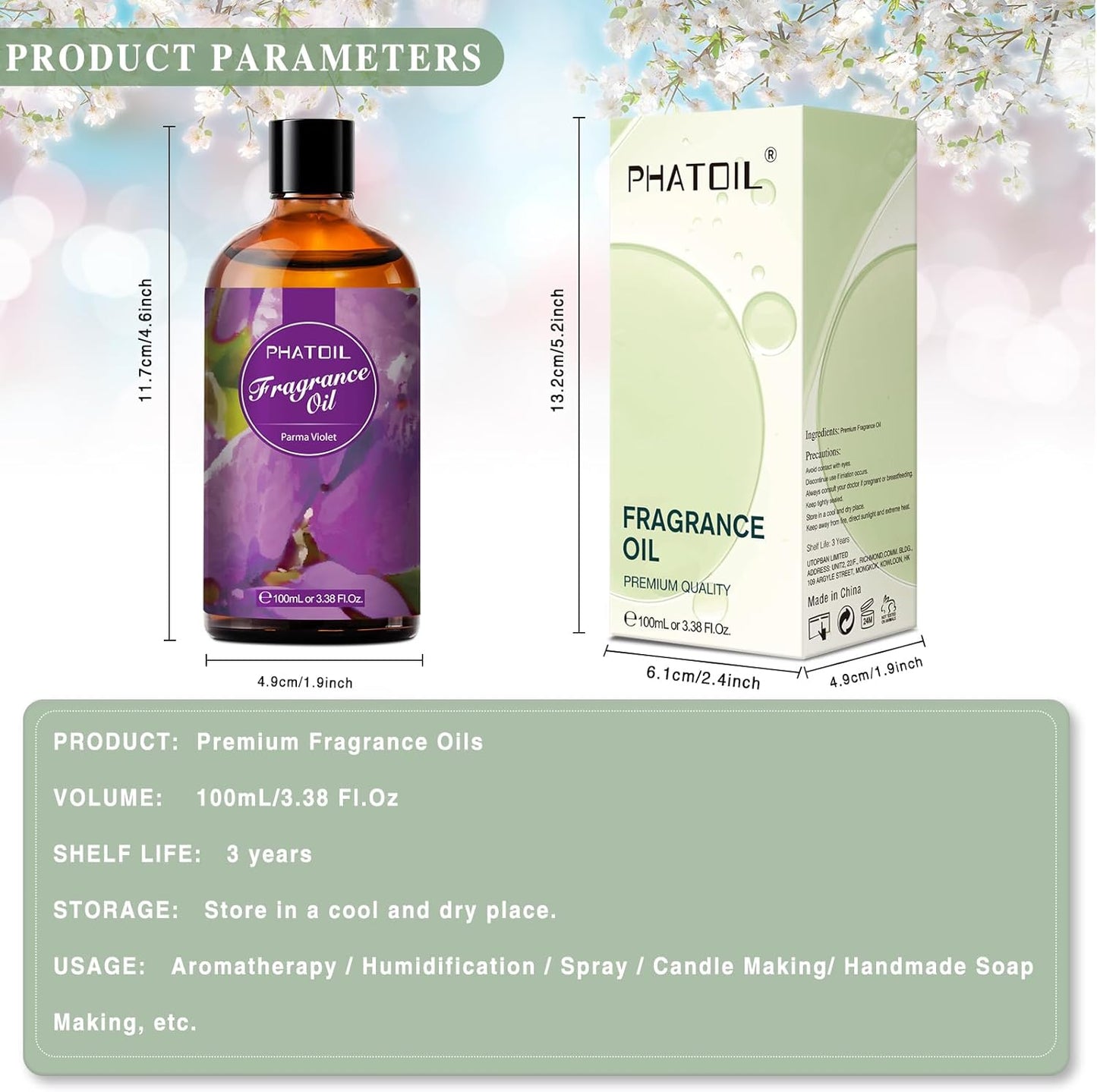 PHATOIL 3.38FL.OZ Parma Violet Fragrance Oils for Aromatherapy, Essential Oils for Diffusers for Home, Perfect for Diffuser, DIY Candle and Soap Making, DIY Scented Products - 100ml