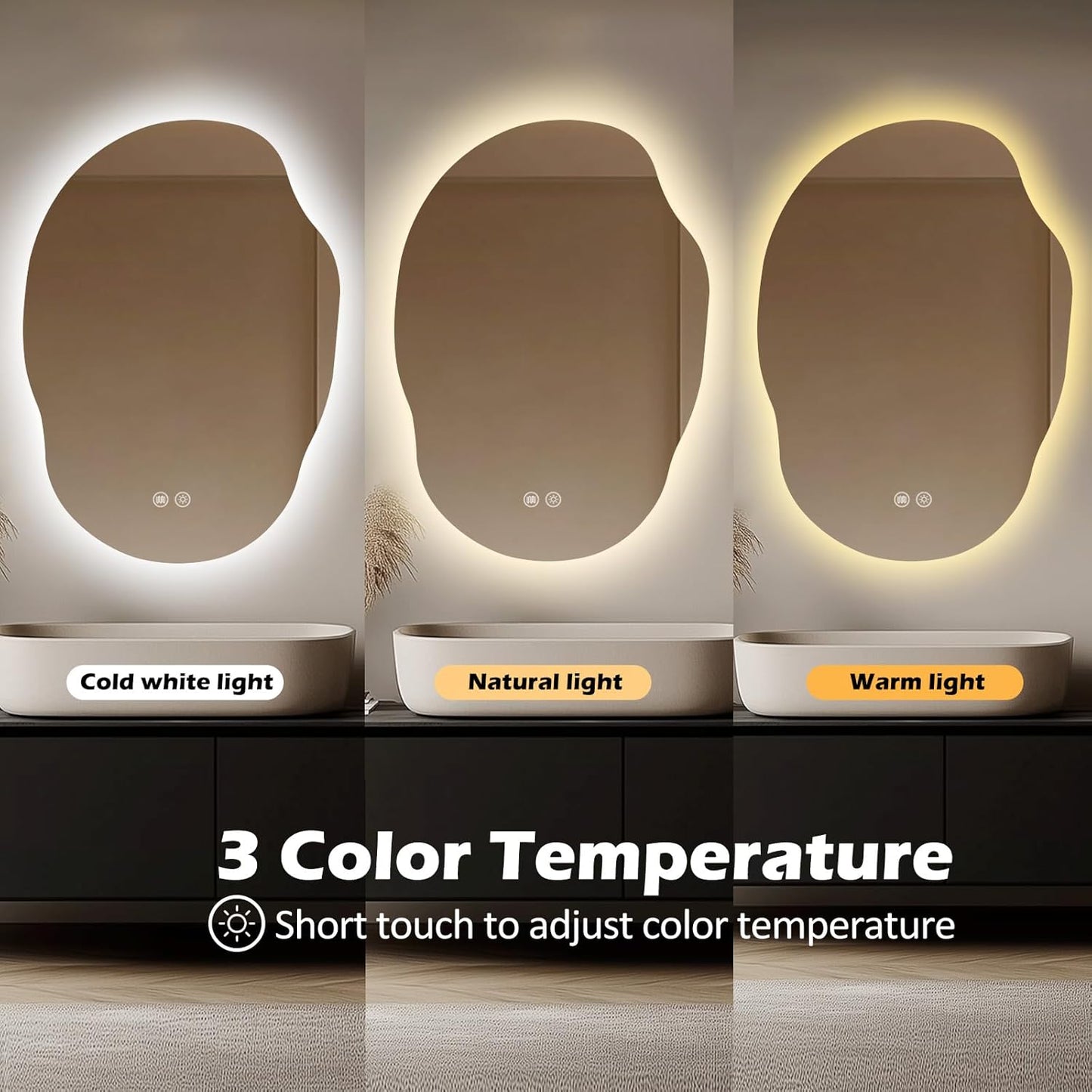 LED Mirror for Bathroom 25x35, Stepless Dimmable Irregular Backlit Mirror with 3 Colors, Anti-Fog, Memory, Al-Alloy Lampshade, Frameless Vanity Mirror for Bathroom (Horizontal/Vertical)