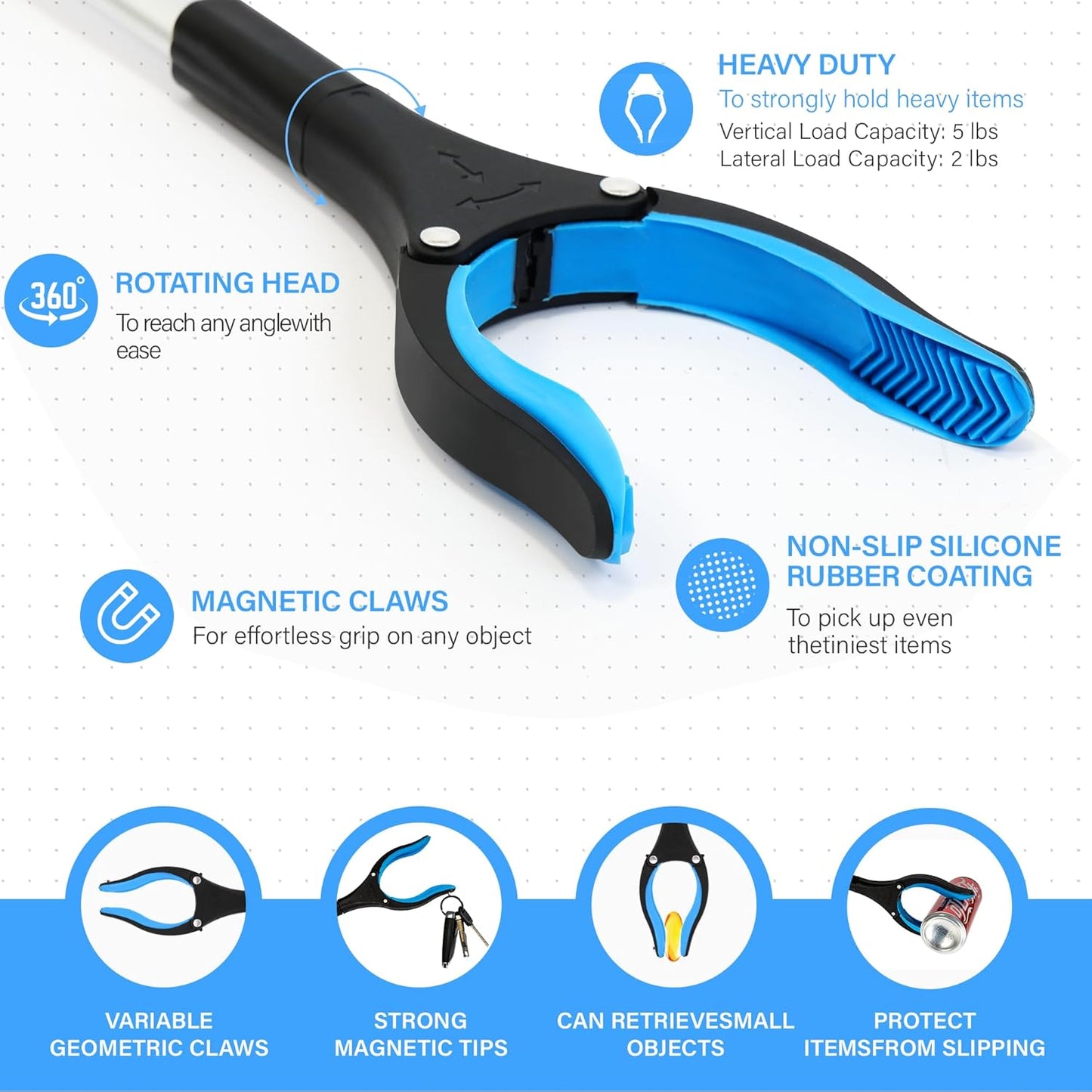 Grabber Reacher Tool - 32” Reacher Grabber Tool with Strong Magnetic and Swivel Head - Heavy Duty Pick Up Stick Grabbers for Seniors, Trash, Surgery Recovery Must Haves Gifts(Blue)