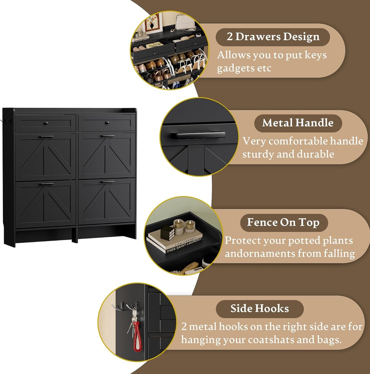 Shoe Storage Cabinet for Entryway, Farmhouse Wide Shoe Cabinet with 4 Flip Drawers and 2 Top Drawers, Freestanding Organizer with Adjustable Shelves, Hooks, and Anti-Tip Kit for Hallway