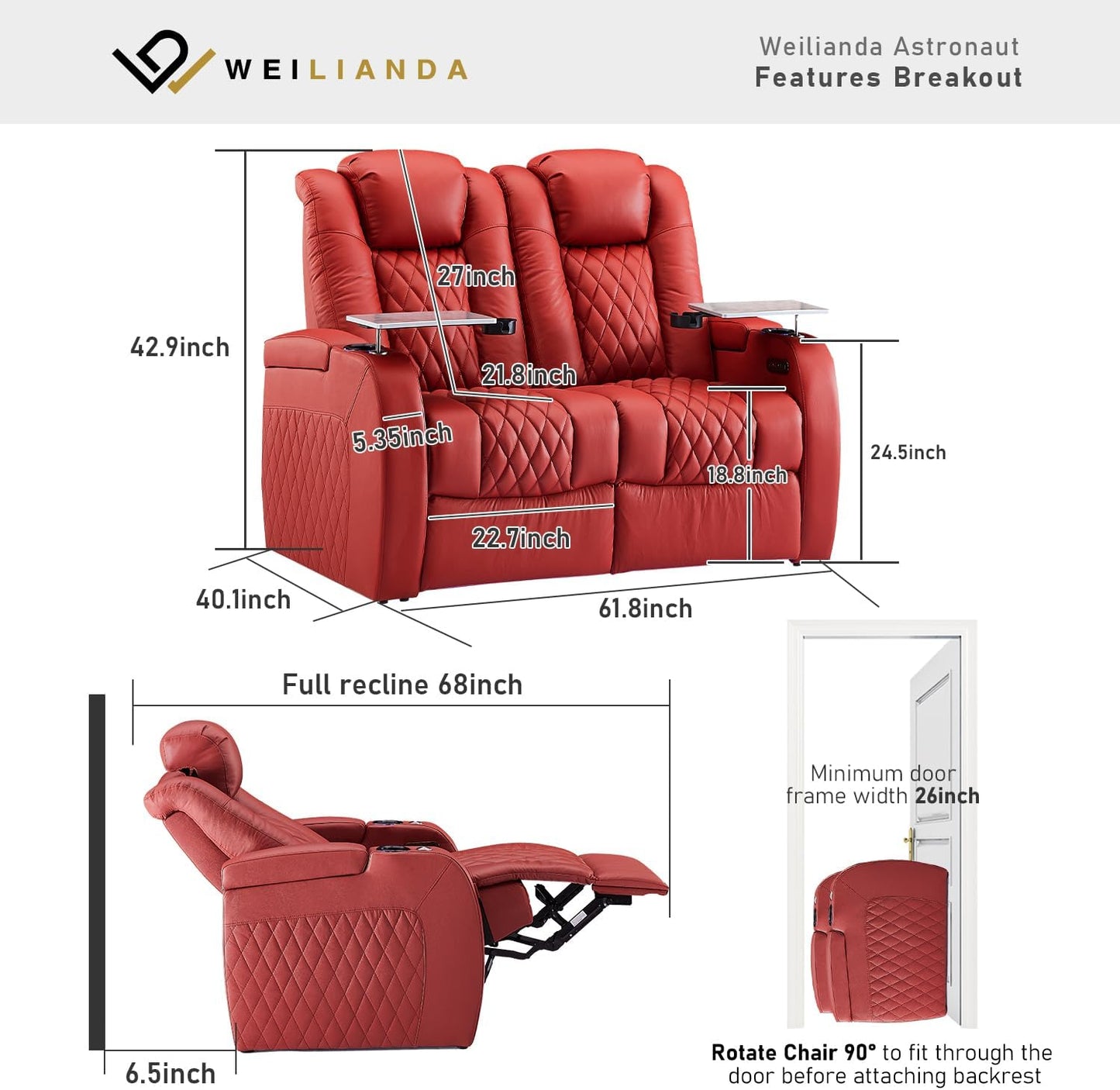 Weilianda Home Theater Seating Top Grain Leather Zero Gravity Recliner Chair Power Headrest Recline Movie Seat Gaming 7 Colors Mood Light Sofa with Tray Table USB Charge Row of 2 Loveseat Red