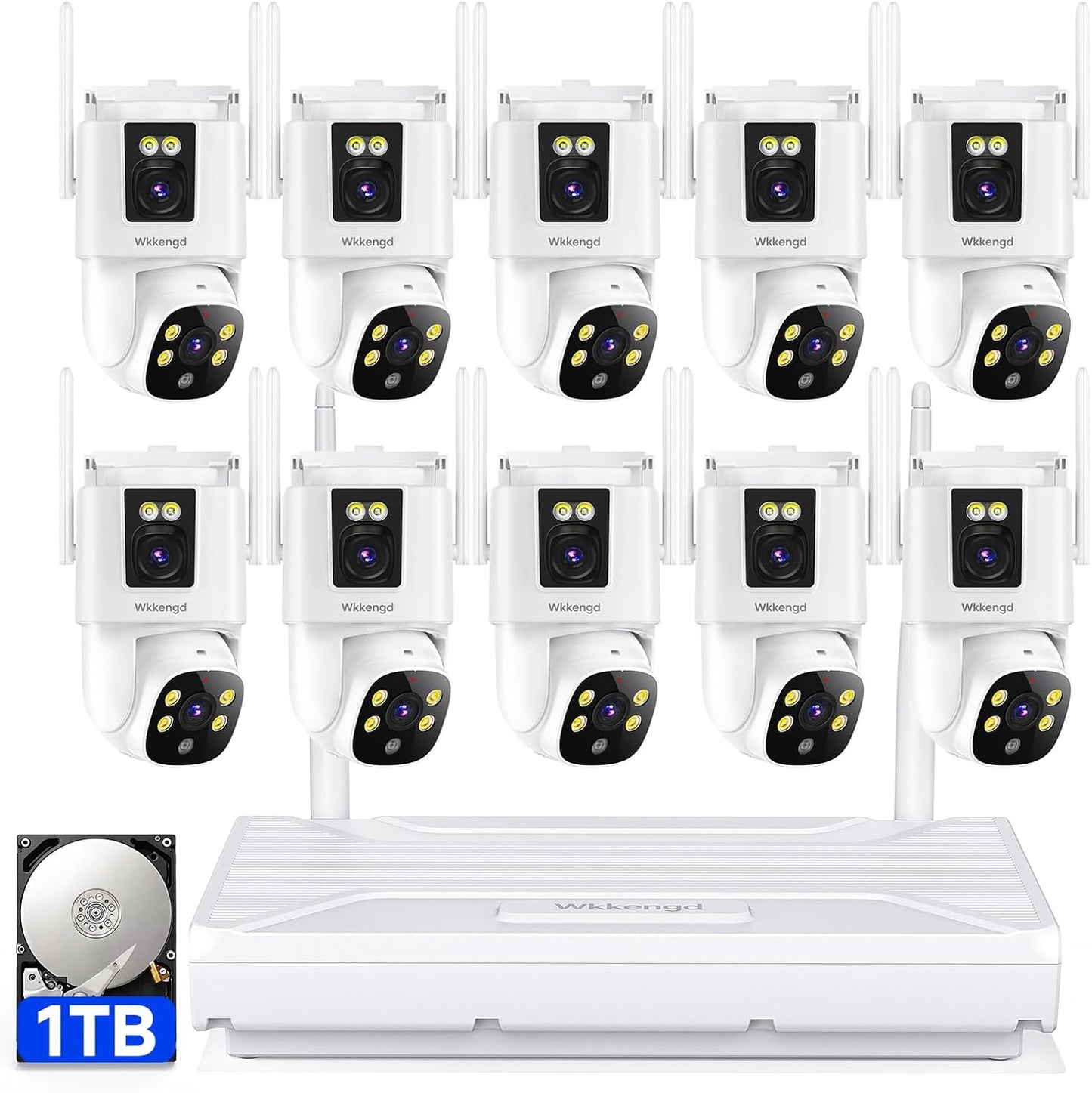 Wireless Security Camera System Outdoor, 10pcs Dual Lens Dual Screen 2K+2K 24/7 Recording Cameras with 1TB NVR