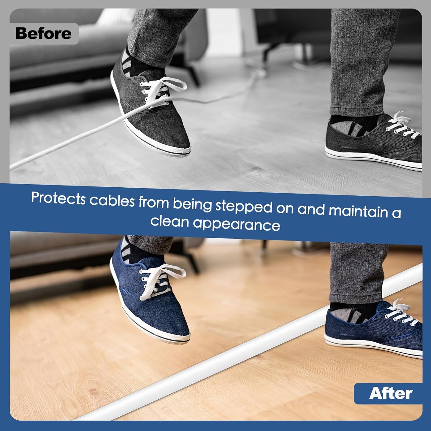 Floor Cord Cover for Wires on Floor Self Adhesive Cord Hider Floor Cable Management Wire Covers for Cords Protector Prevent Cable Trips Cord Cavity W 0.47" x H 0.27", White, 3.3Ft