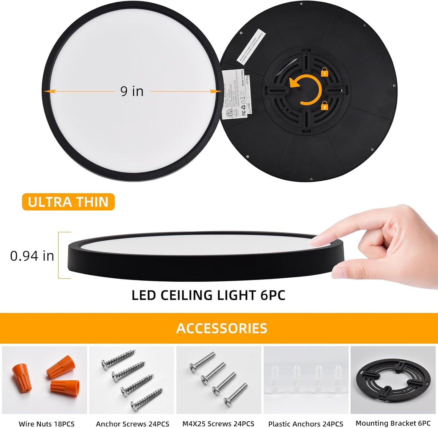 Hlite 6pack 9 Inch Flush Mount LED Ceiling Light Fixture,18W 1800LM Super Slim Light Fixtures Ceiling Mount 3000K/4000K/5000K 3CCT Selectable,Light Fixtures for Kitchen,Bedroom(Black)