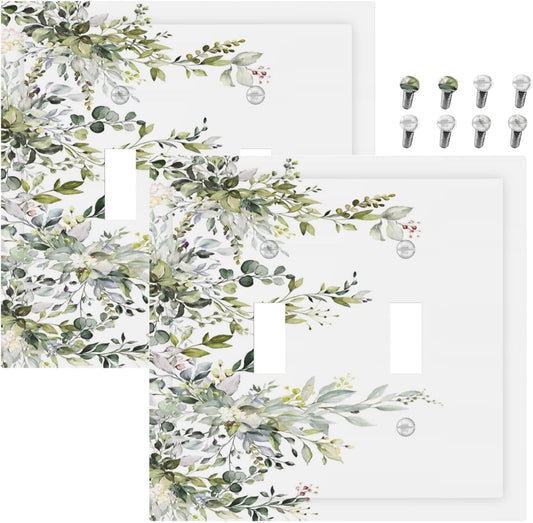 Decorative Light Switch Plate Covers Rustic Eucalyptus Leaves Green Leaf 2 Gang Light Switch Cover Unique Double Toggle Wall Plate Outlet Covers for Bedroom Home Decor （2 Pack）