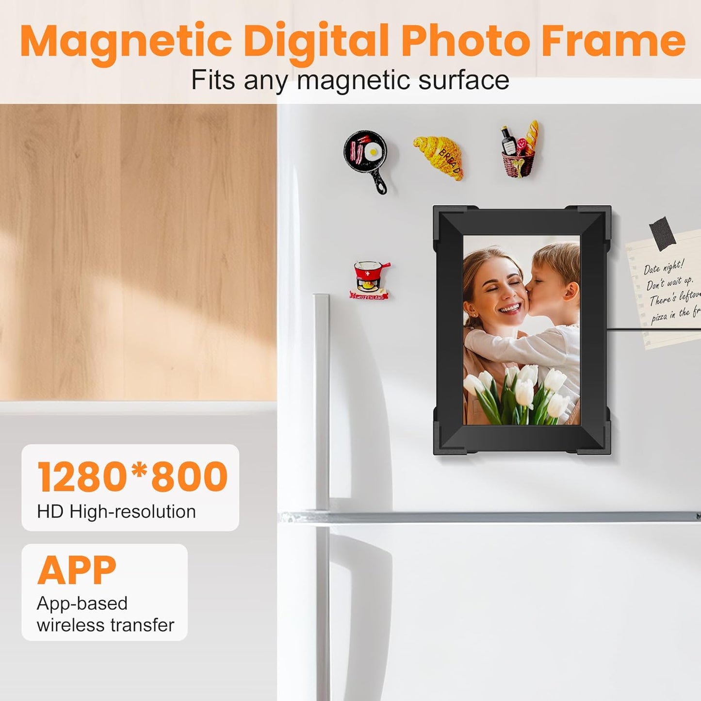 KPCB Tech Magnetic Picture Frames for Refrigerator, 10.1 inch Digital Photo Frames Smart WiFi & App Control, Electronic Picture Frame with 1280x800 HD Touch Screen for Parents, Grandparents, Friends
