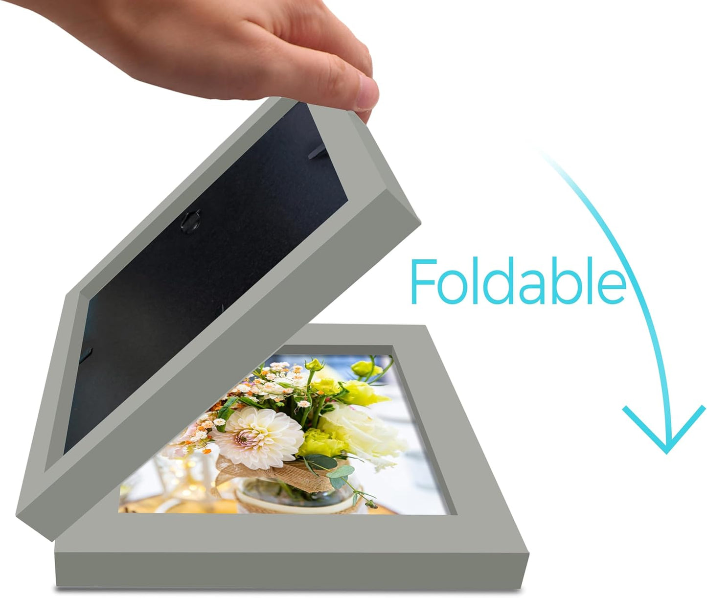 Double 4x4 Square Combo, Grey Wood Picture Frame, 3.5x3.5 Opening Foldable Photo Frame on Table-top or Wall
