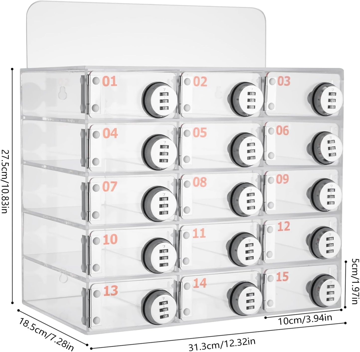 Cell Phone Locker Box 15 Slots Clear Acrylic Cell Phone Organizer Cabinet with Combination Locks Wall-Mounted Locking Cell Phone Storage Box for Classroom Office,Shool,Office (15 Slots, Acrylic)