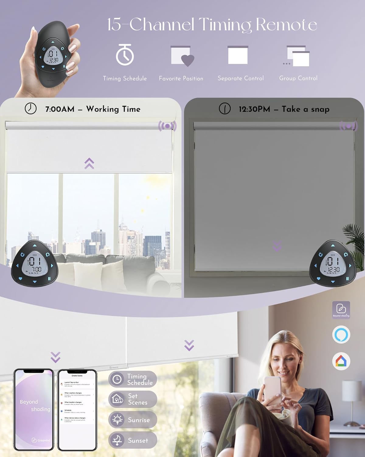 Graywind Motorized Roller Shades Work with Alexa Google Smart Blackout Shades with Remote Insulated Triple Weaved Fabric Window Blinds with Valance for Smart Home Office, Customized Size (White)