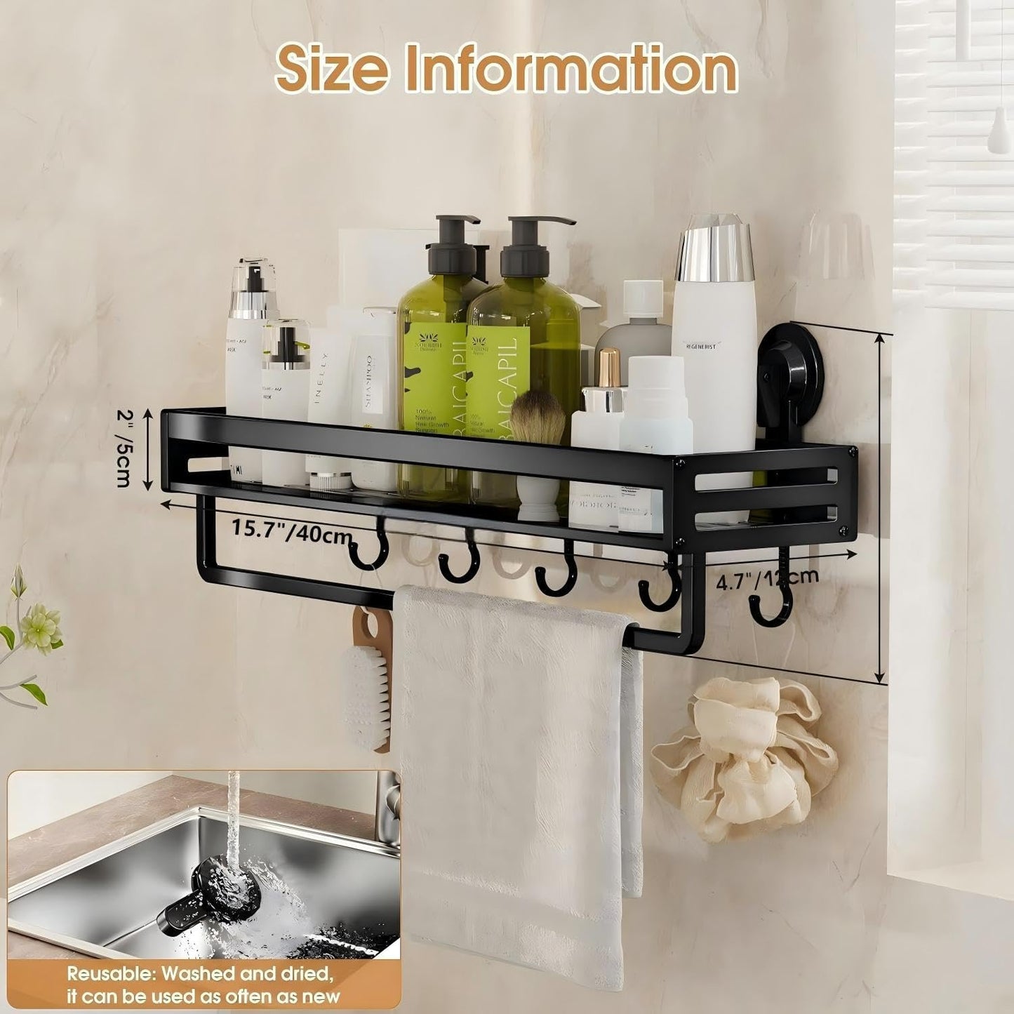 Shower Caddy Suction Cup, 15.8 inch Suction Shower Shelf with Hooks NO-Drilling Bathroom Holder, Rustproof Bathroom Organizer, Black