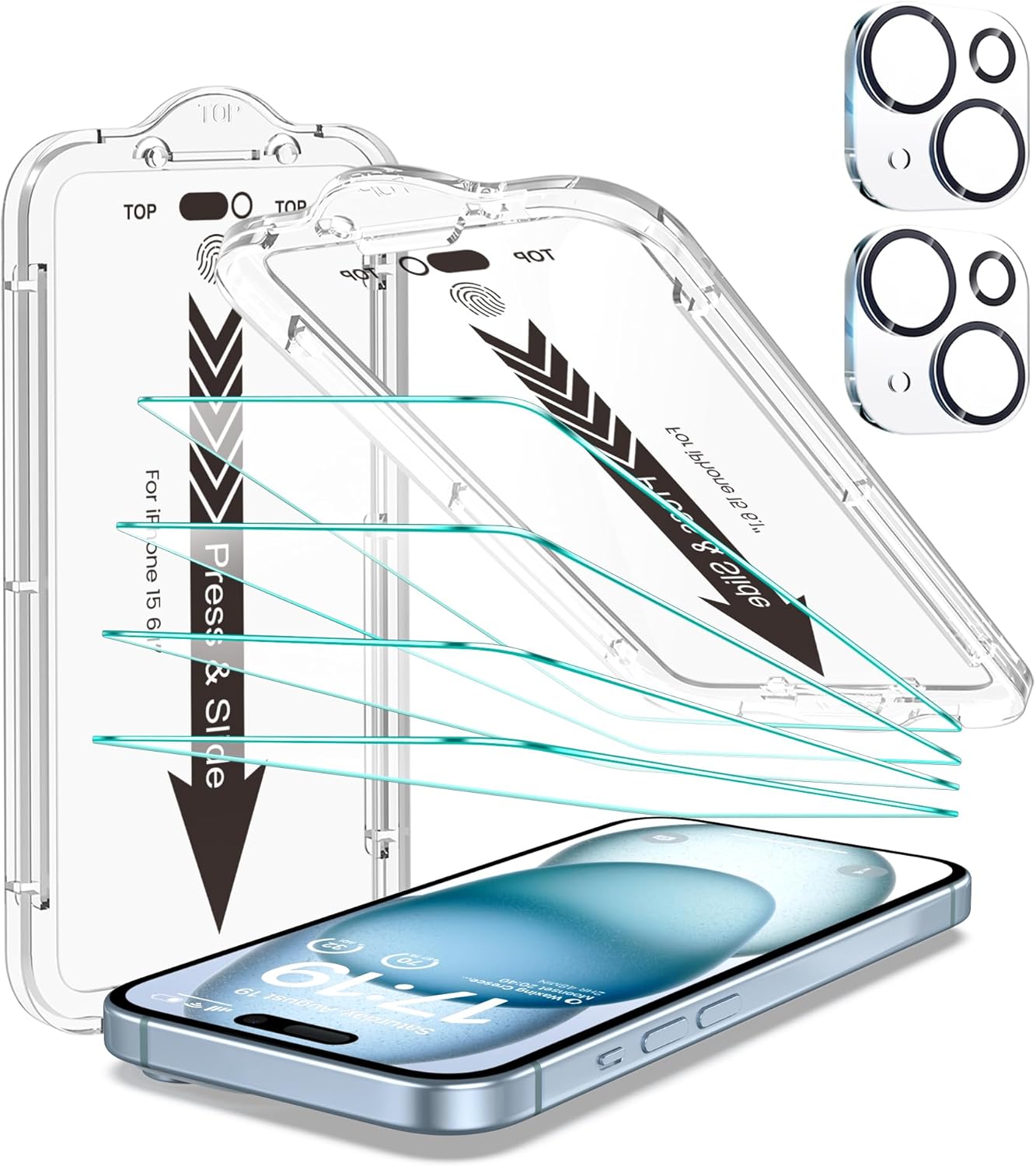 EZ-GLAZ- 4 Pack for iPhone 15 Screen Protector [6.1"] With 2 Pack Camera Lens Protector, 9H+ Hardness 12FT Military Grade Shatterproof Scratch Resistant Durable Tempered Glass Film with Flawless Fit Kit, HD Clear