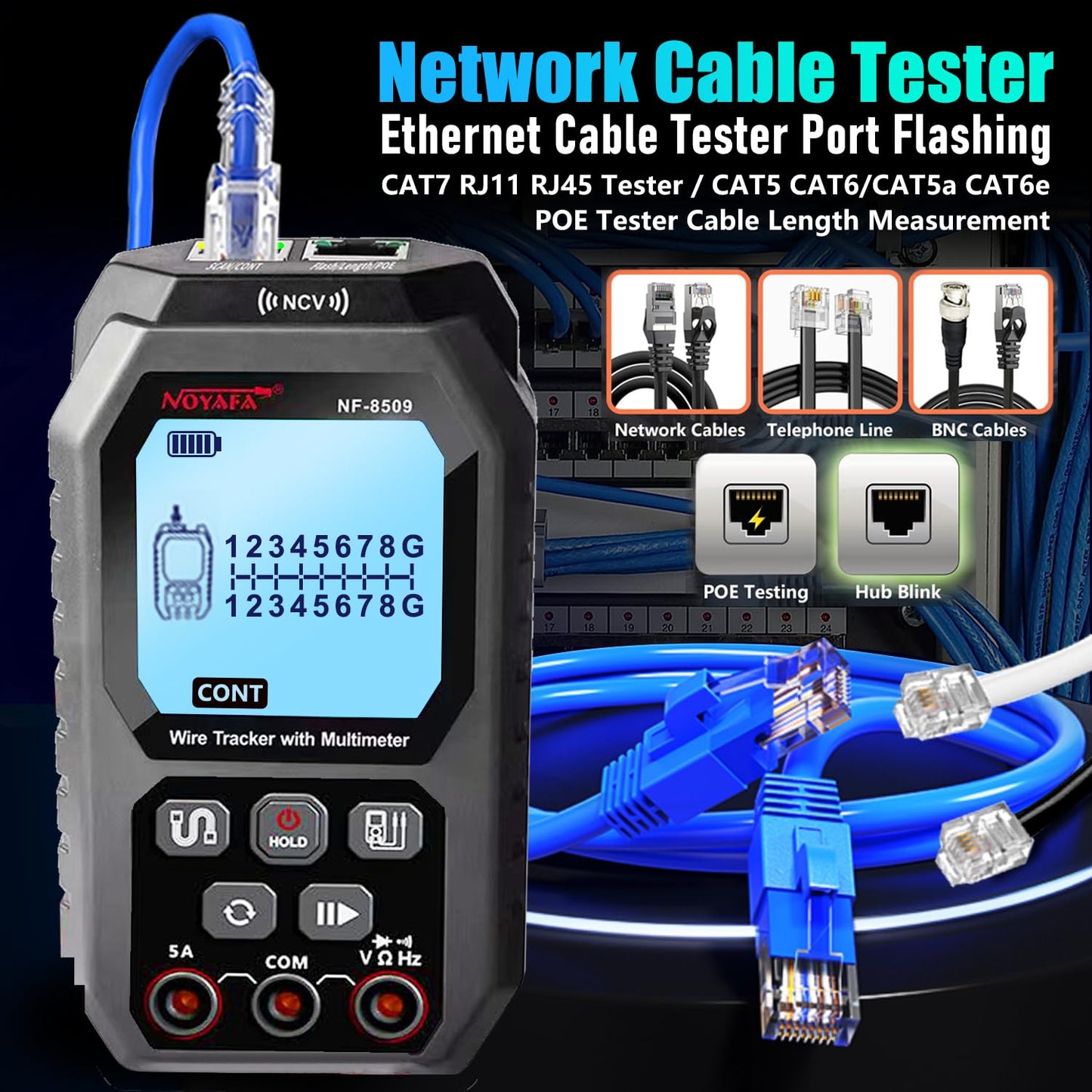 NF-8509 Network Cable Tester (with Multimeter Tester), POE/RJ45 RJ11 CAT5 CAT6 LAN/Ethernet Port Flashing, Anti-Interference TDR Network Tester/NCV Anti-Burnout AC DC Voltmeter Network Tool
