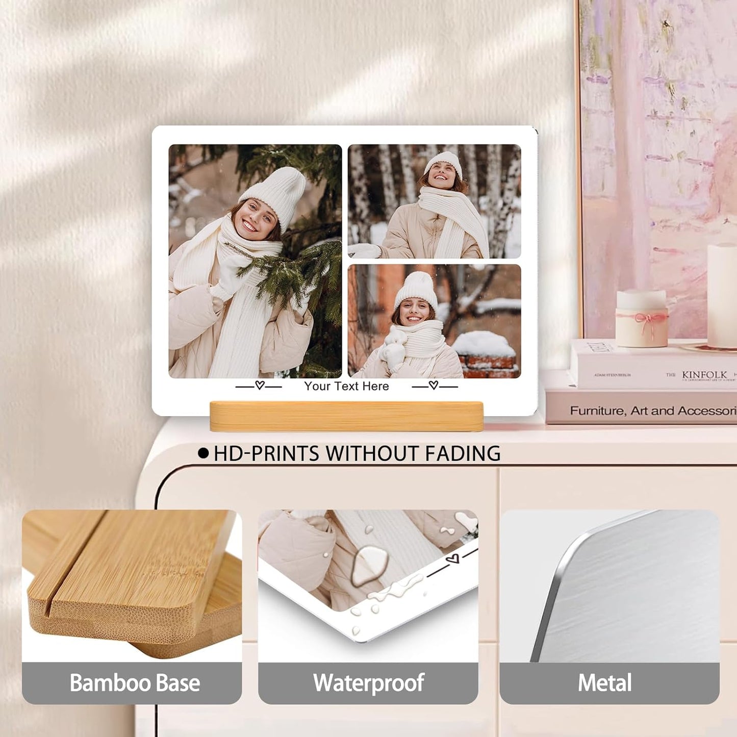 Custom Photo Prints - Metal Desktop Picture Frame with Collage Photos & Text & Wooden Base Personalized Gifts for Family Friends Lovers and Pets, Optional Multiple Sizes