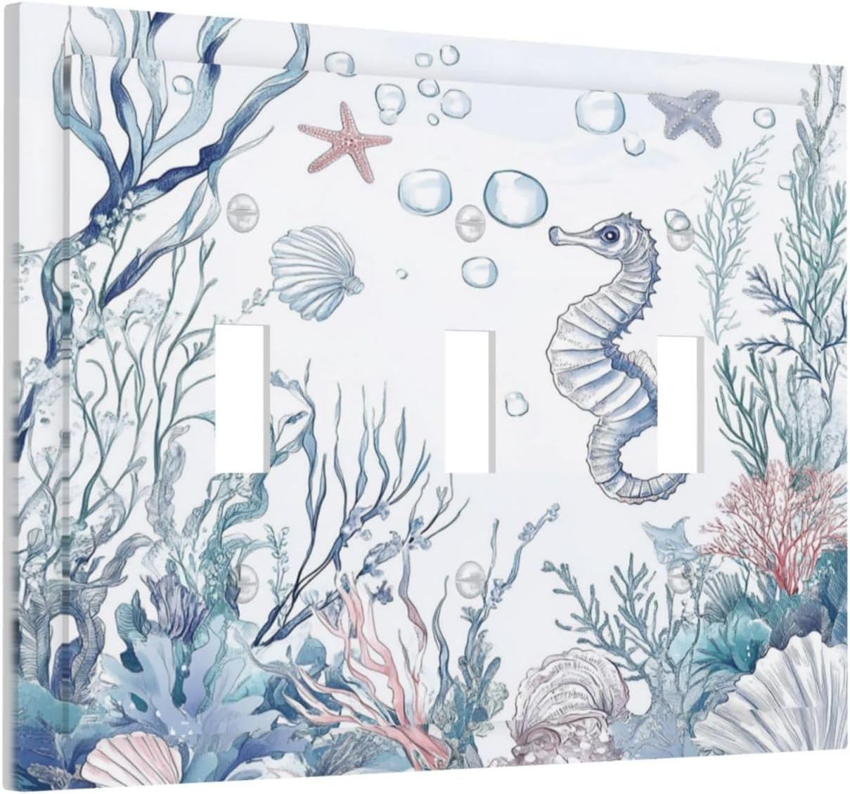 Decorative Switch Plates Ocean Coral Seahorse Seashell Starfish 3 Gang Wall Plate Triple Toggle Light Switch Cover Faceplate Electrical Wall Panels For Bathroom Home Decor