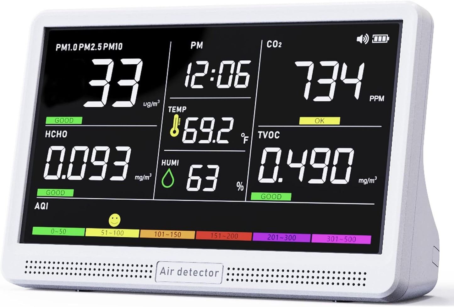Professional Indoor Air Quality Monitor with 7X AQI Beep Alarms,16 in 1 Portable Real-Time Detector for PM2.5 | PM10 | CO2 | TVOC | HCHO | Temp | Hum for Home Cars Plants Pets