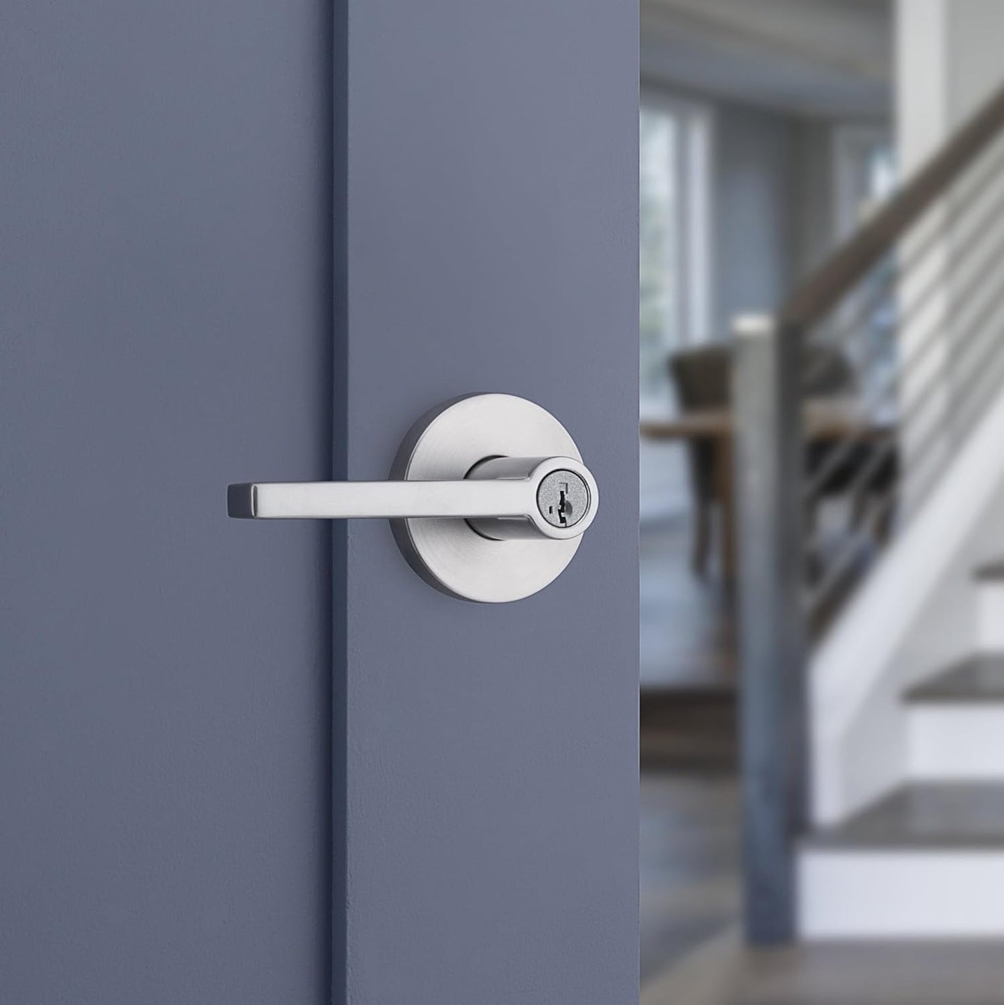 Kwikset Halifax Entry Door Handle with Lock and Key, Secure Round Keyed Reversible Lever Exterior, for Front Entrance and Bedrooms, Satin Chrome, Pick Resistant Smartkey Rekey Security and Microban