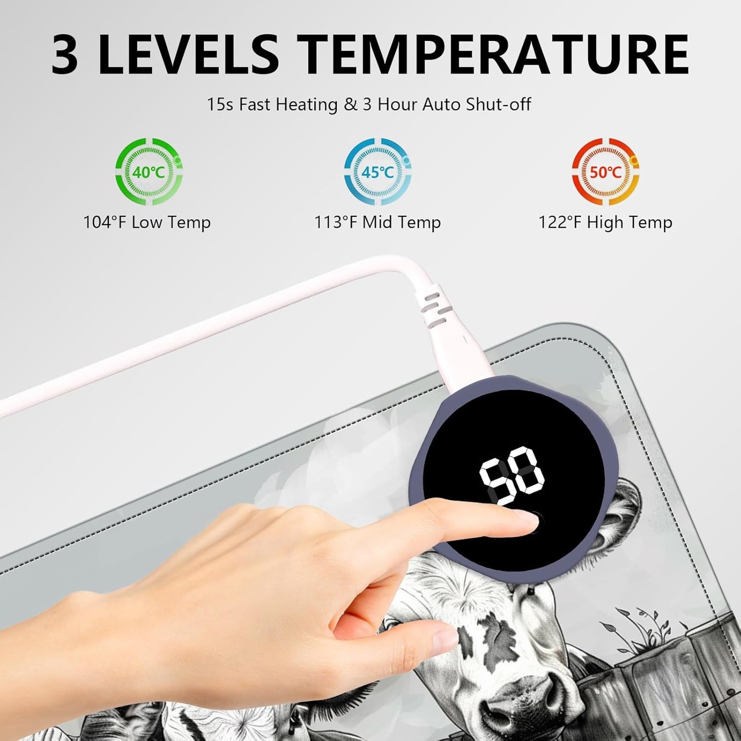 Heated Mouse Pad with 3 Levels Heated & 3 Hours Auto Shut-Off Mouse Pad for Warming Hands in Office Home, 31.5" x 13"Large Safe Desk Mat Hand Warmer，Three Lovely Cows